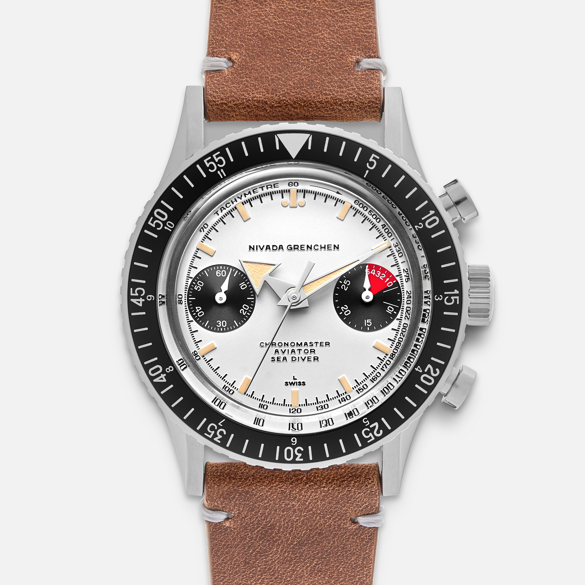 Nivada GrenchenChronomaster Aviator Sea Diver White Broad Arrow Dial On Leather Strap