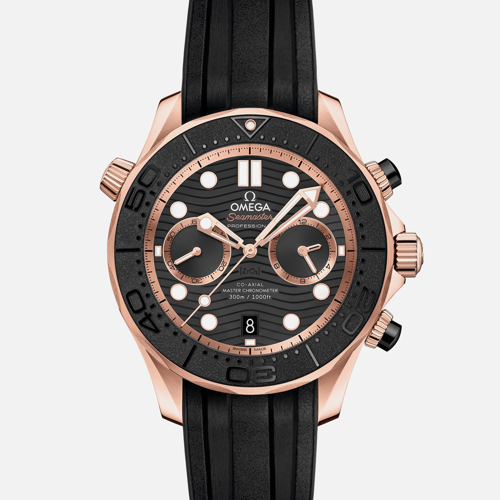 OMEGASeamaster Diver 300M Co-Axial Master Chronometer Chronograph 44mm Sedna Gold Black Dial On Rubber Strap