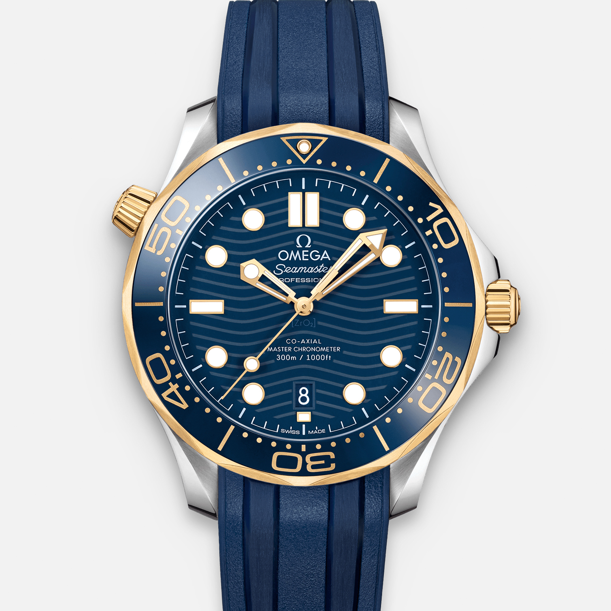 OMEGASeamaster Diver 300M Co-Axial Master Chronometer 42mm Two-Tone Yellow Gold Blue Dial On Rubber Strap