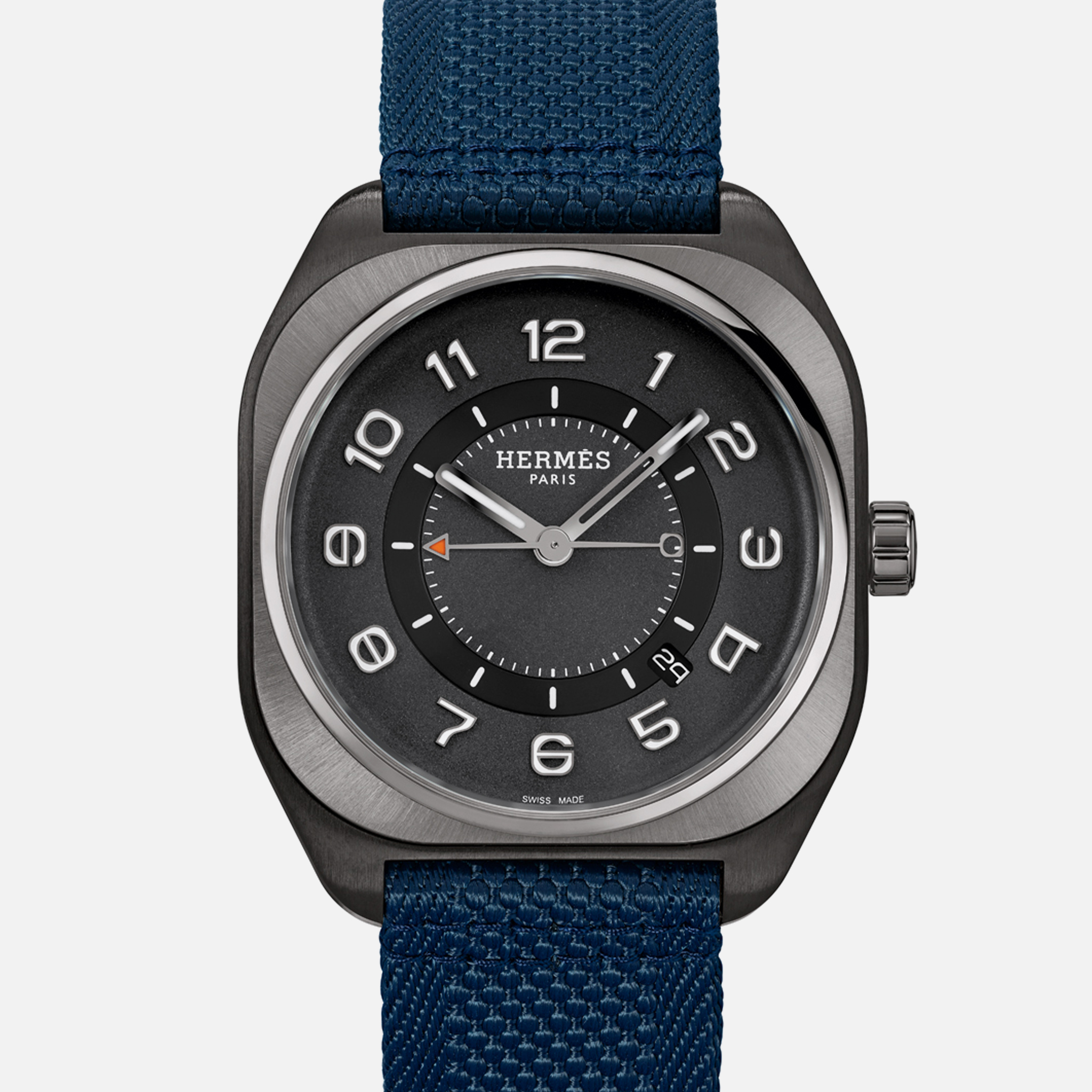 HermèsH08 DLC-Coated Titanium on Blue Fabric Strap