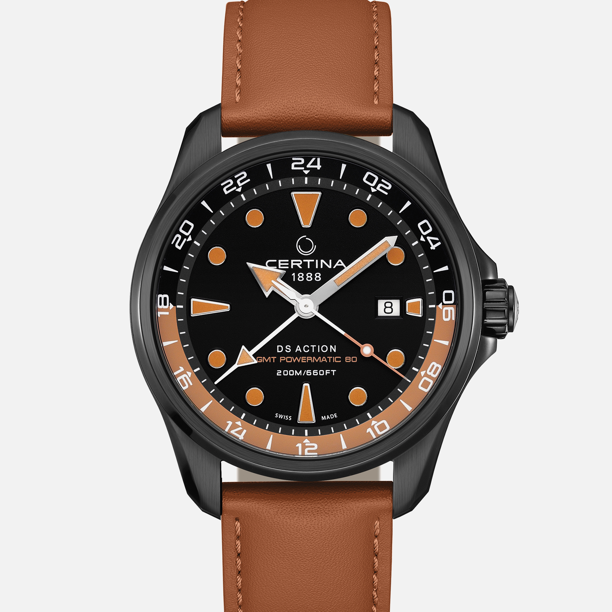 CertinaDS Action GMT Black And Orange Bezel On Leather Strap