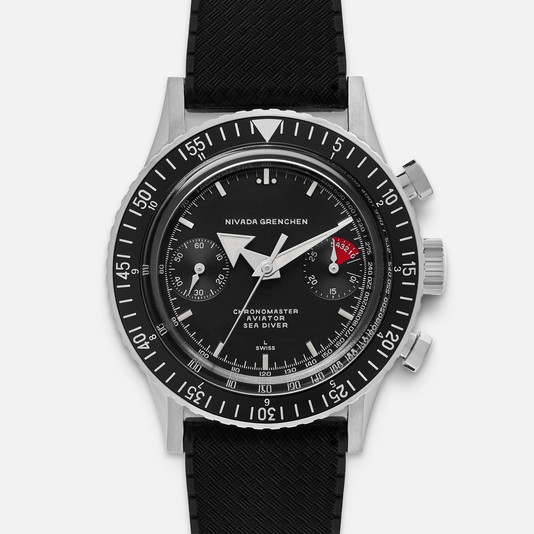 Nivada GrenchenChronomaster Aviator Sea Diver Black Broad Arrow Dial With Tropic Strap