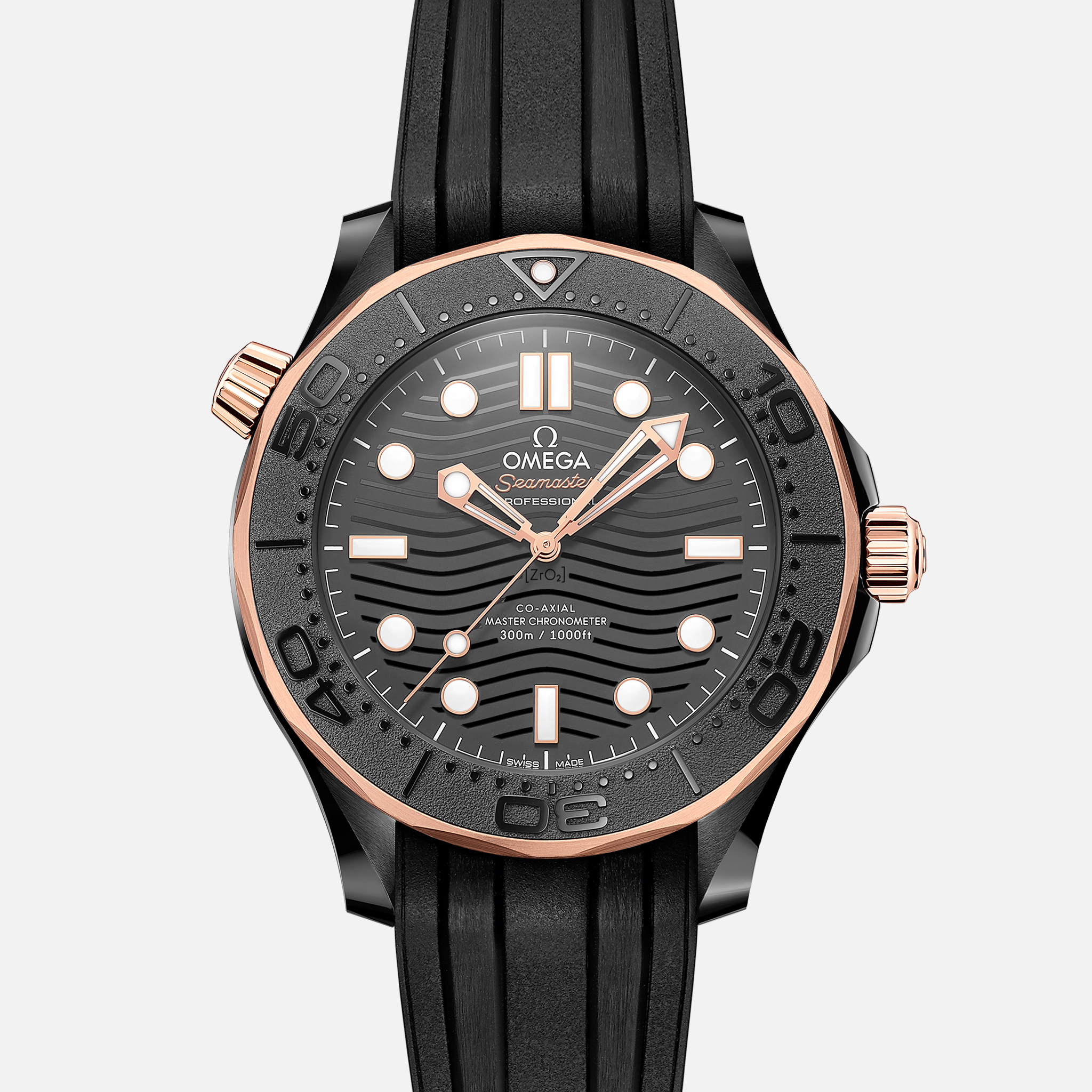 OMEGASeamaster Diver 300M Co‐Axial Master Chronometer 43.5mm Black Ceramic And Sedna Gold on Rubber Strap