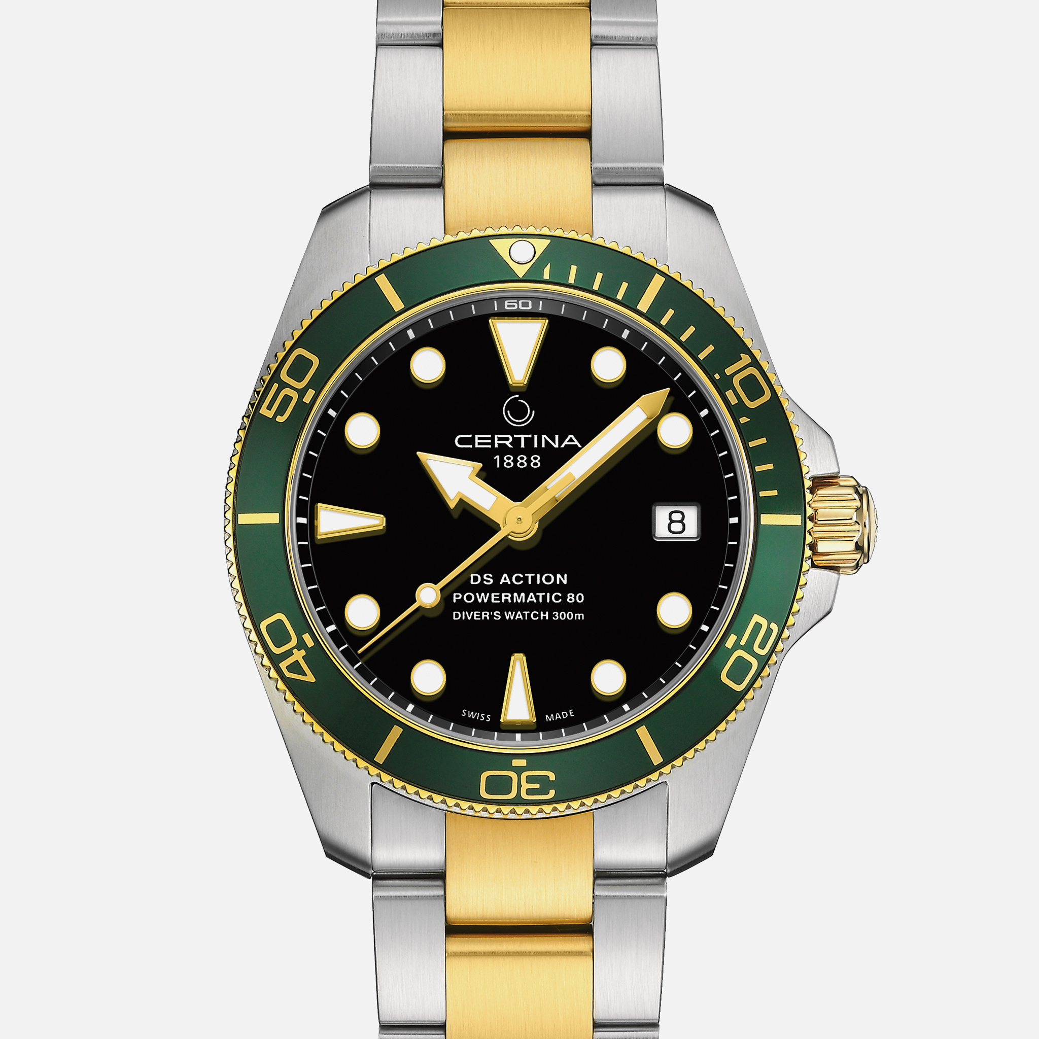 CertinaDS Action Diver 38mm Green Dial In Two Tone On Bracelet