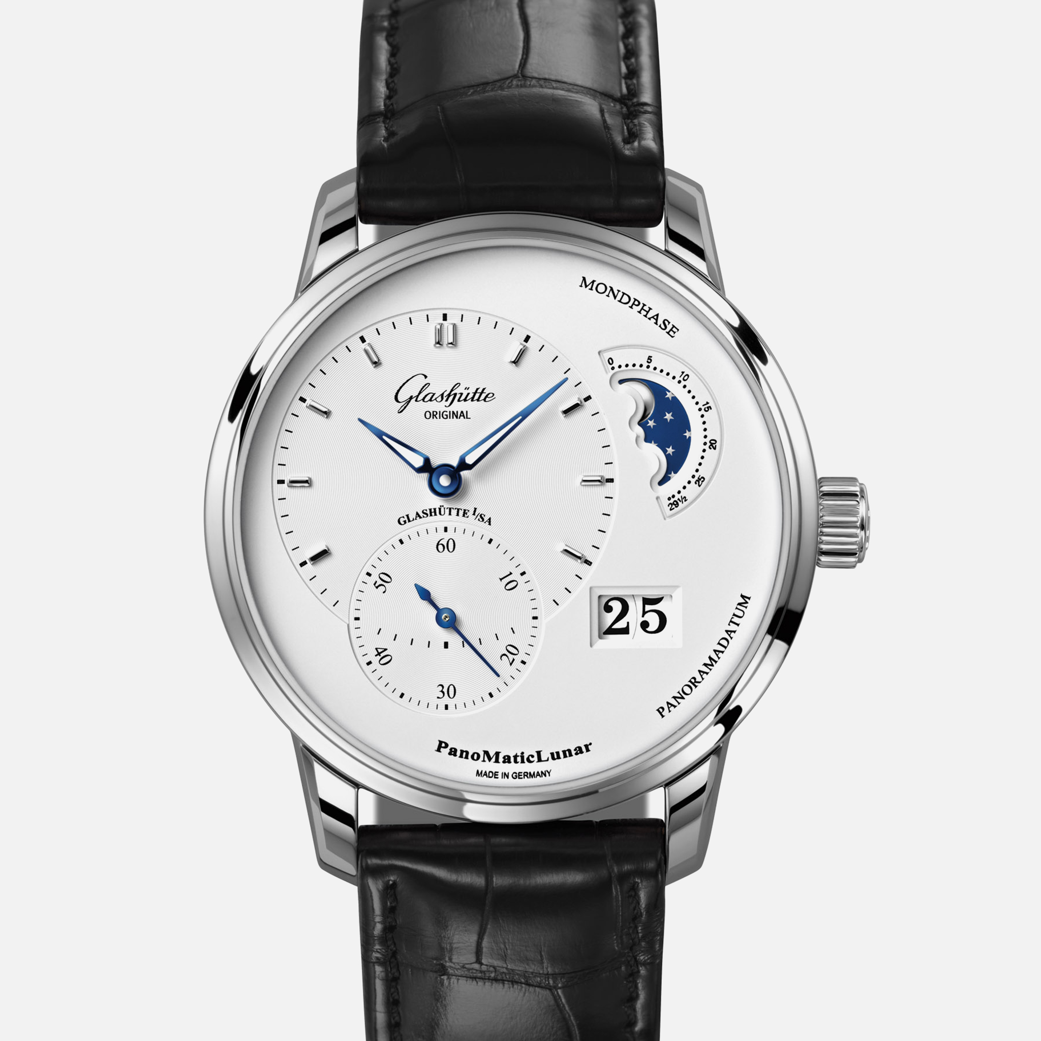 Glashutte OriginalPanoMaticLunar White Dial on Black Strap