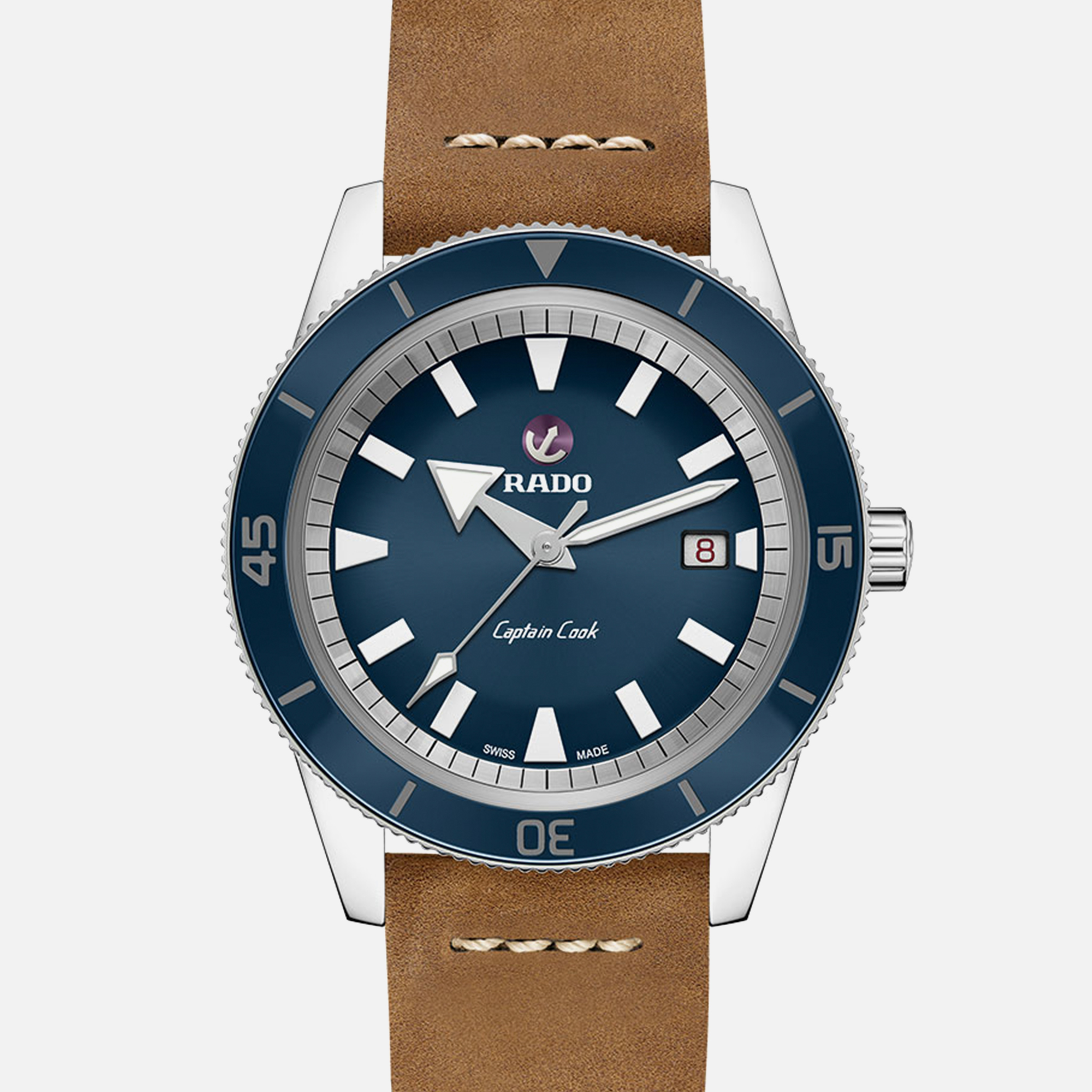 blue dial brown leather strap watch