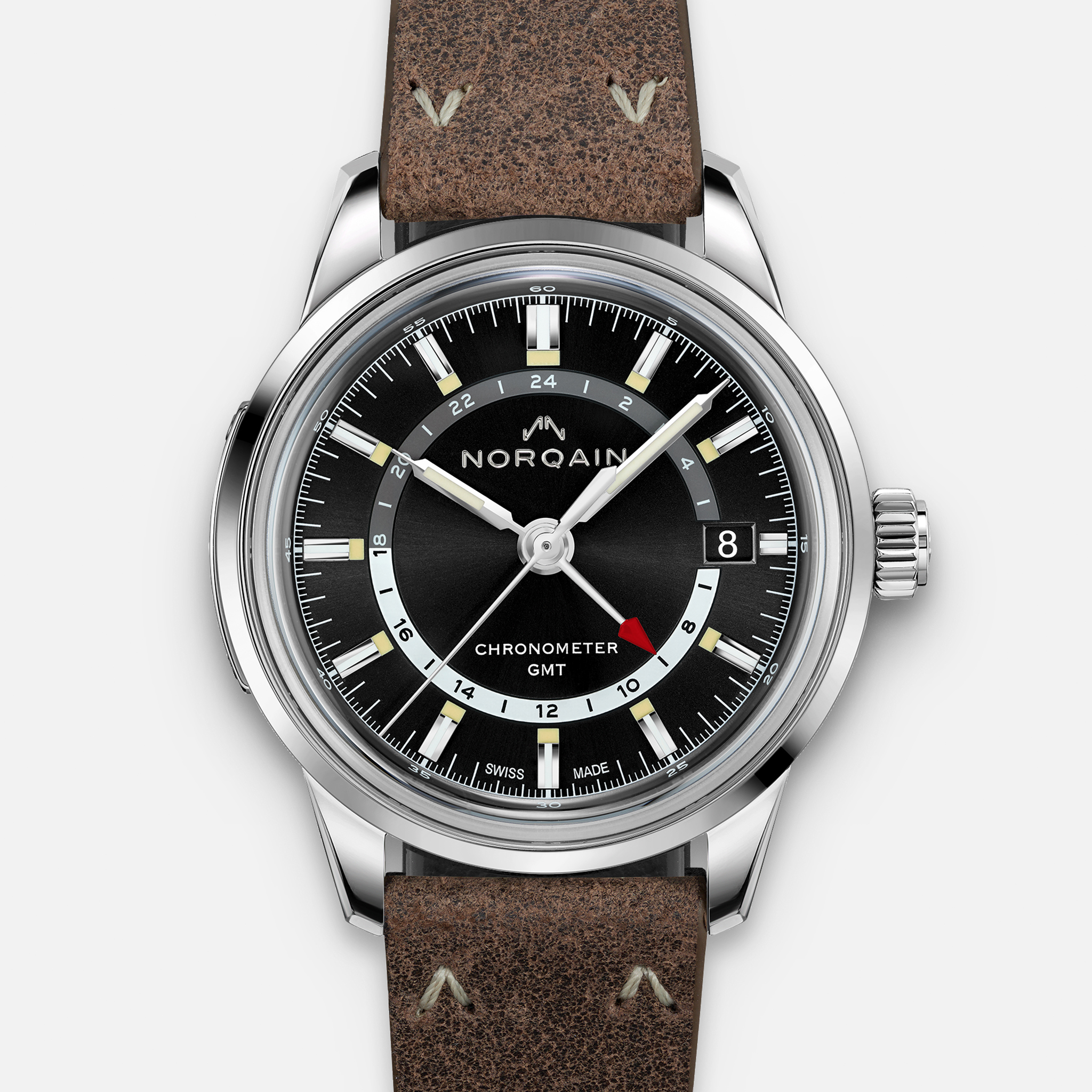 NORQAINFreedom 60 GMT Stainless Steel On Leather Strap