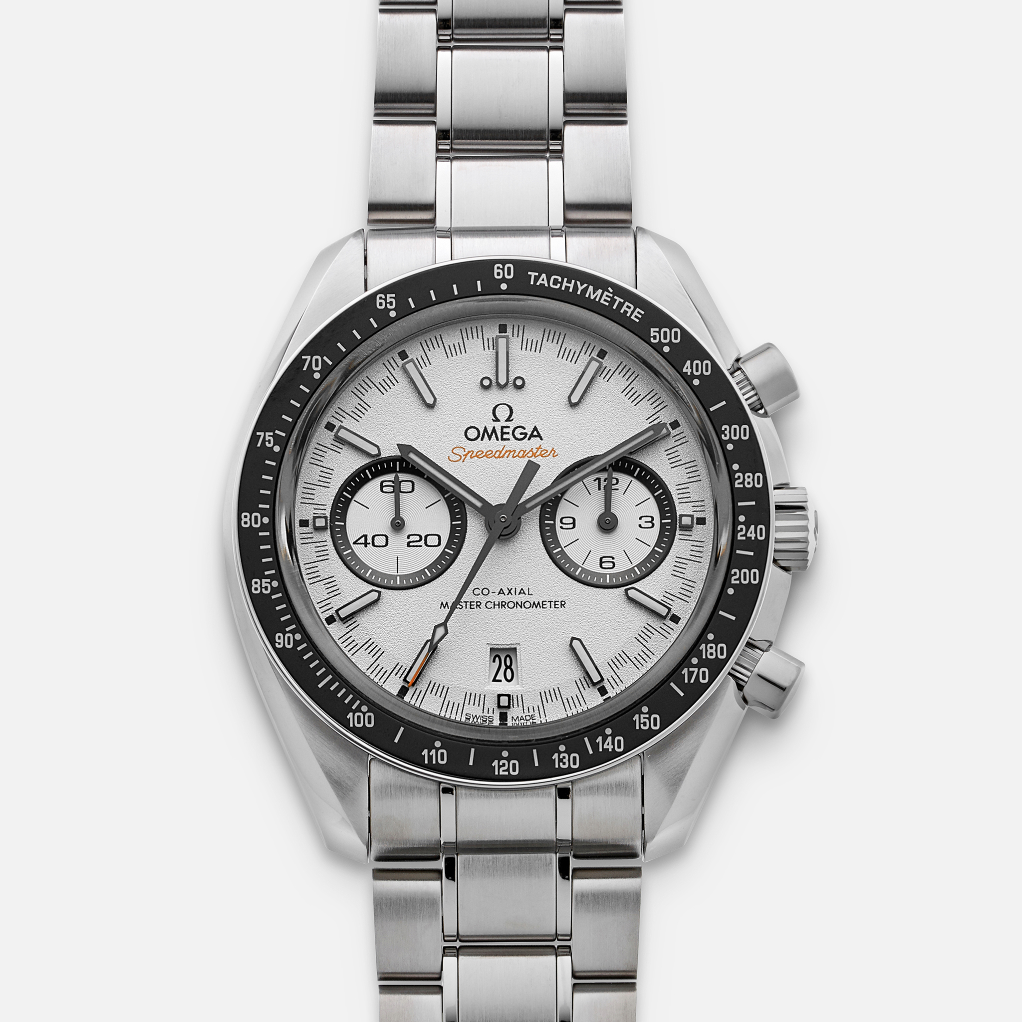 OMEGASpeedmaster Racing Co-Axial Master Chronometer Chronograph 44.25mm White Dial On Bracelet