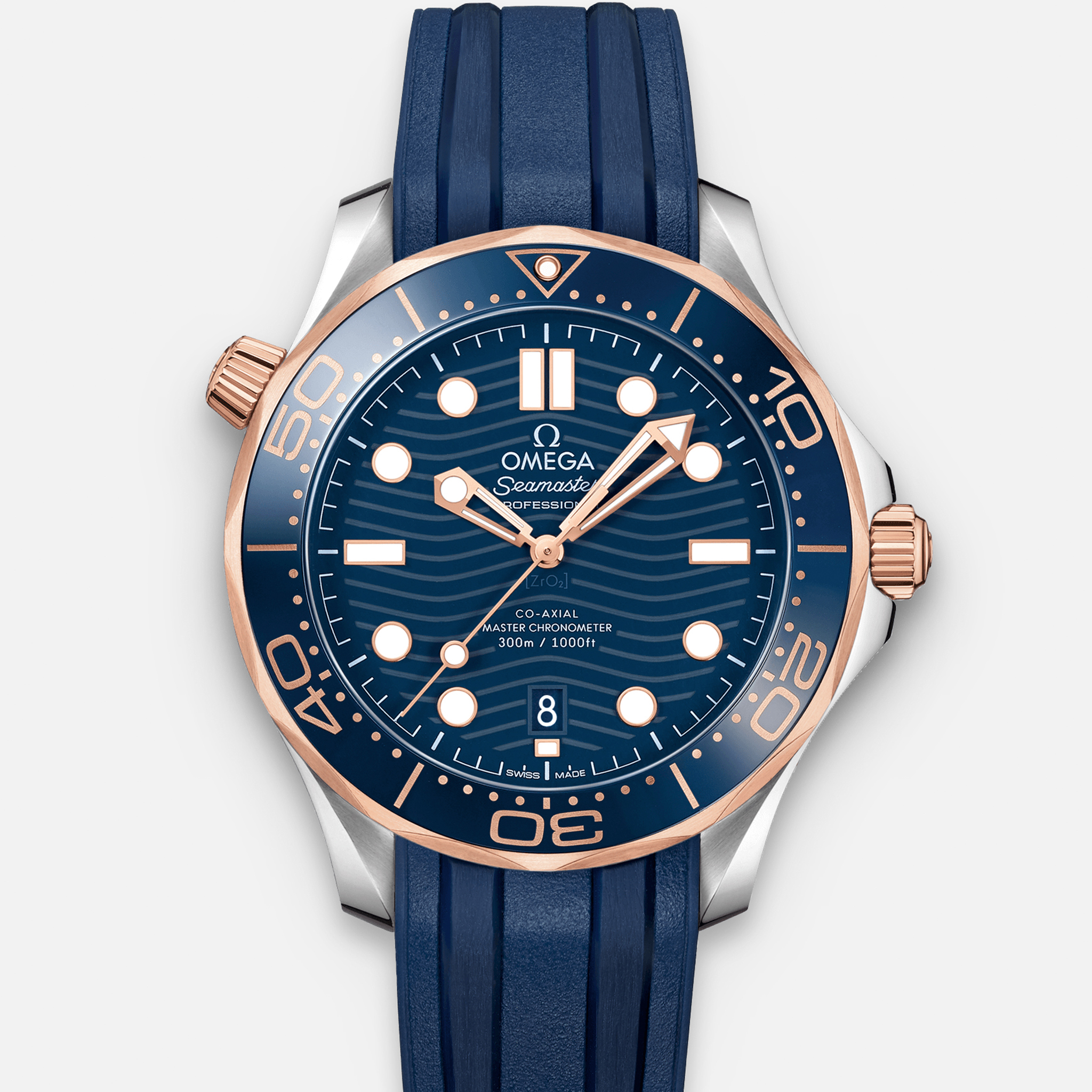 OMEGASeamaster Diver 300M Co-Axial Master Chronometer 42mm Two-Tone Sedna Gold Blue Dial On Rubber Strap