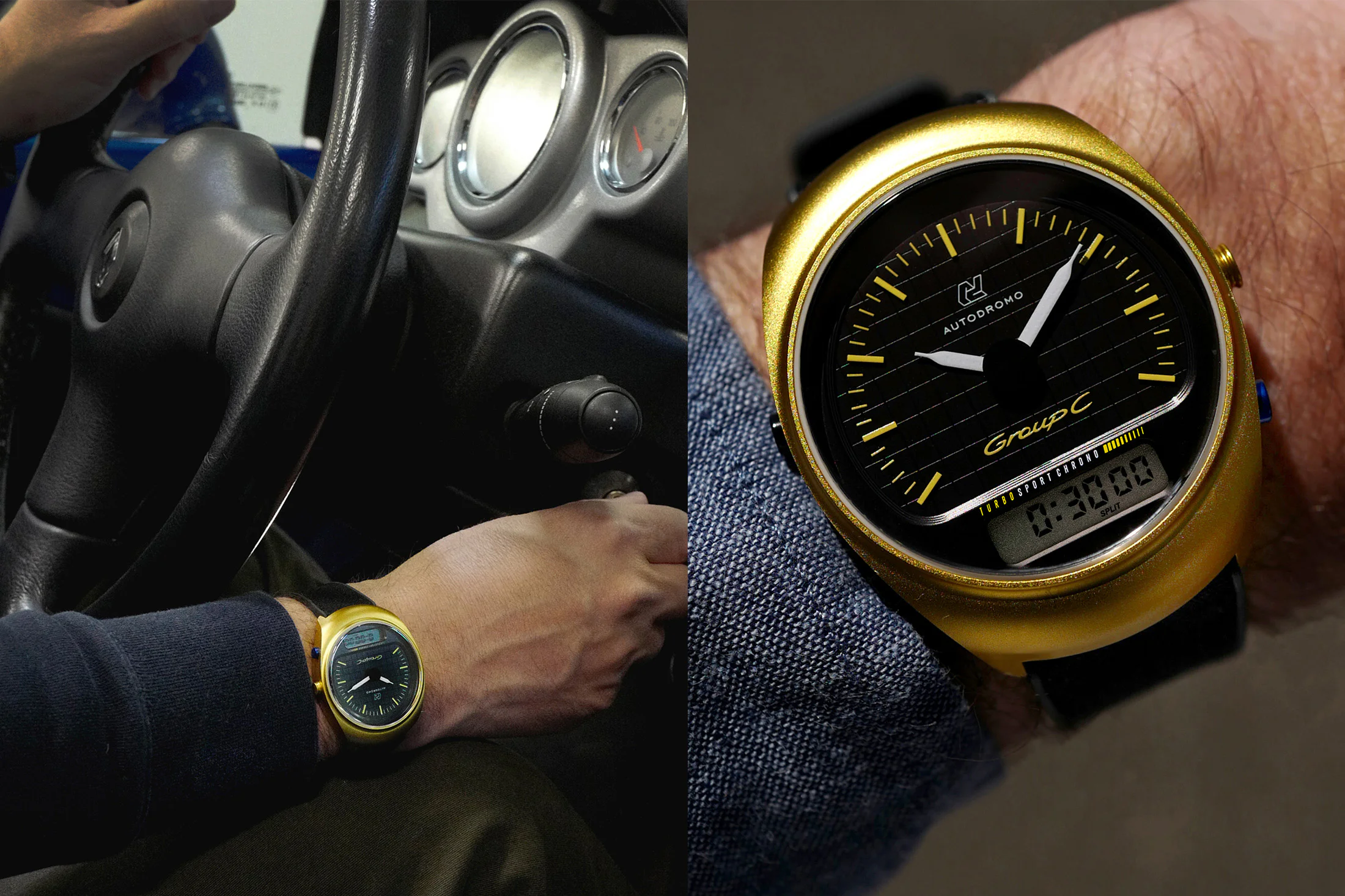 Les éléments d'instrument analogiques du Group C Turbo comportent des aiguilles de seringue aux couleurs vives et remplies de lume pointant vers les marques de hachage décalées et contrastantes de couleur de la piste minute à quartz