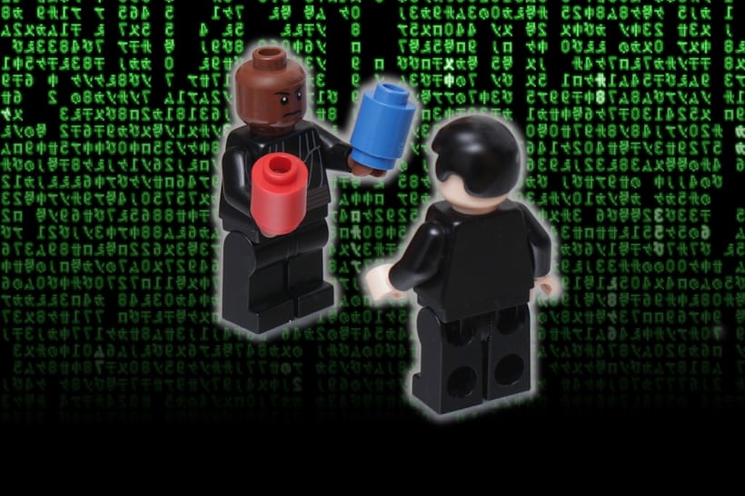 A lego version of the famous red pill vs. blue pill discussion that takes place between Morpheus (Laurence Fishburne) and Neo (Keanu Reeves) in "The Matrix."