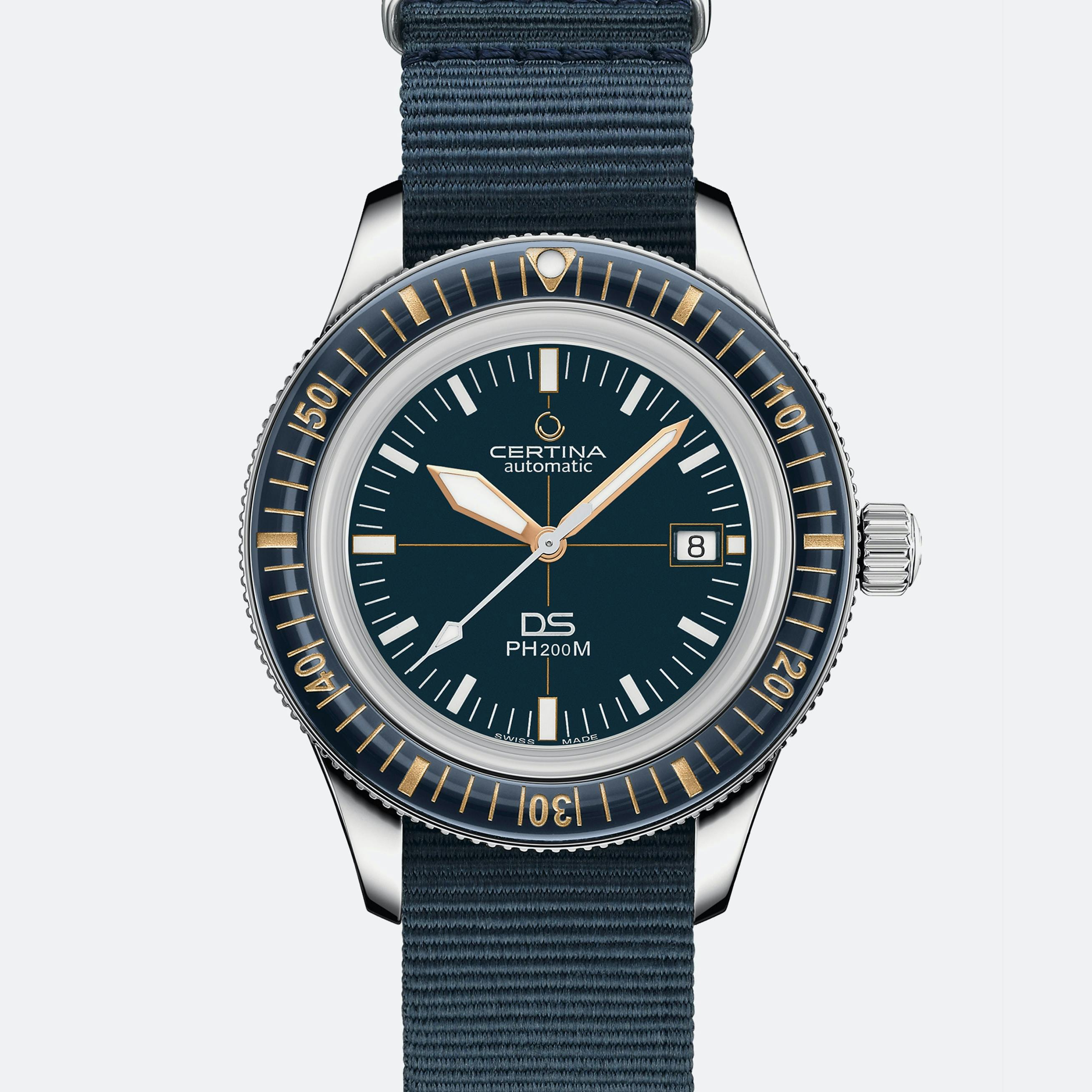 A Certina DS PH200M on a blue strap