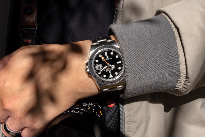 Black dial Rolex explorer on a wrist