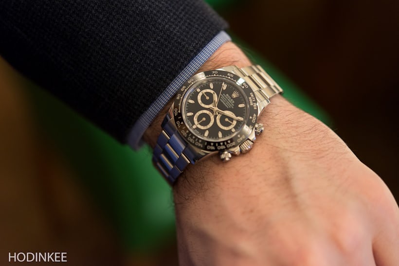 The black dial Daytona on HODINKEE European Editor Arthur Touchot's wrist.