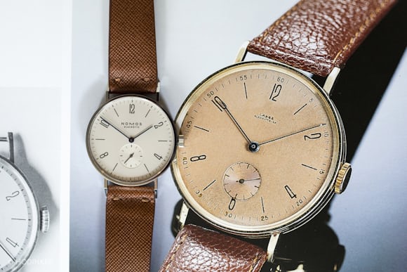 NOMOS Glashütte Tangent next to the watch that inspired it, a historical Lange 
