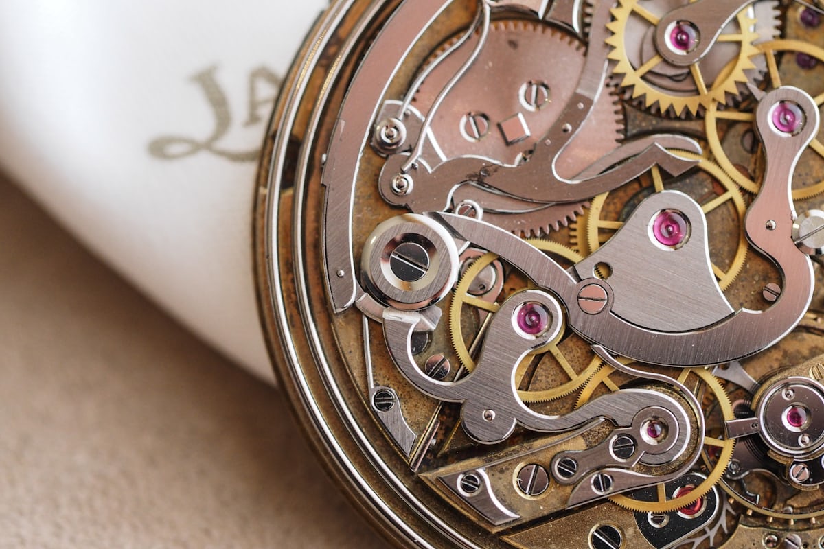 Closeup, chronograph works, Jaeger-LeCoultre minute repeater chronograph pocket watch movement