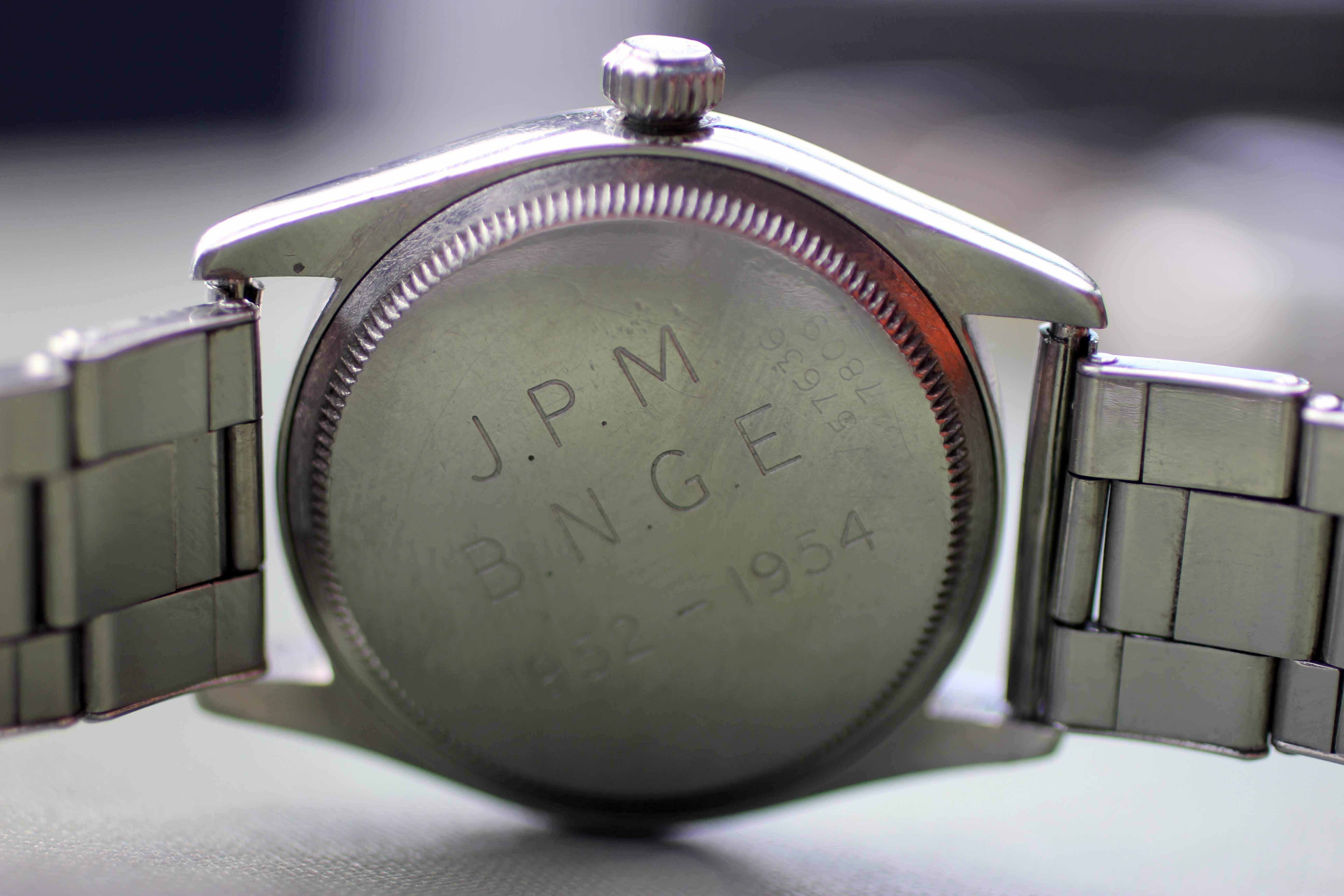 Engraving on the back of Jock P. Masterton's Tudor Oyster Prince. 