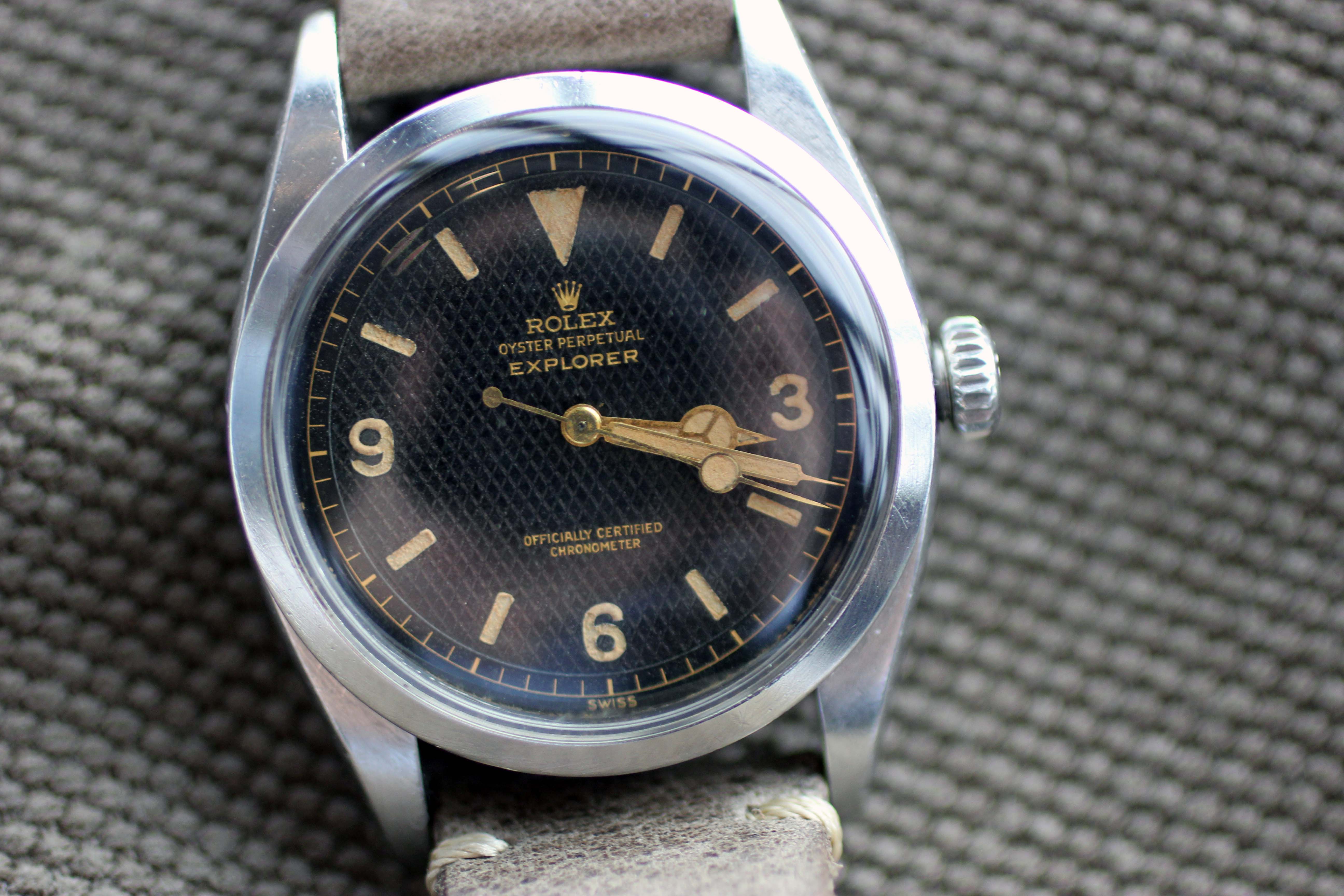 Rolex Oyster Perpetual Explorer with honeycomb dial.