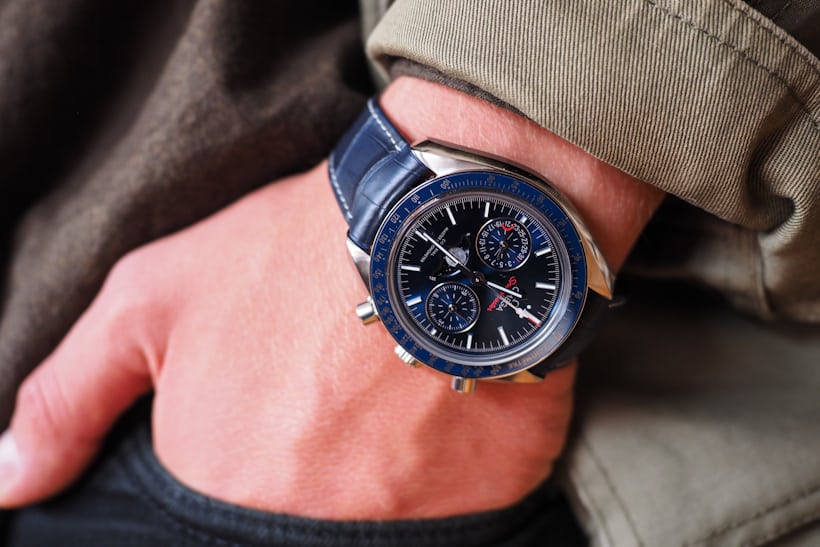 Omega Speedmaster Moonphase Master Chronometer Chronograph steel wrist shot