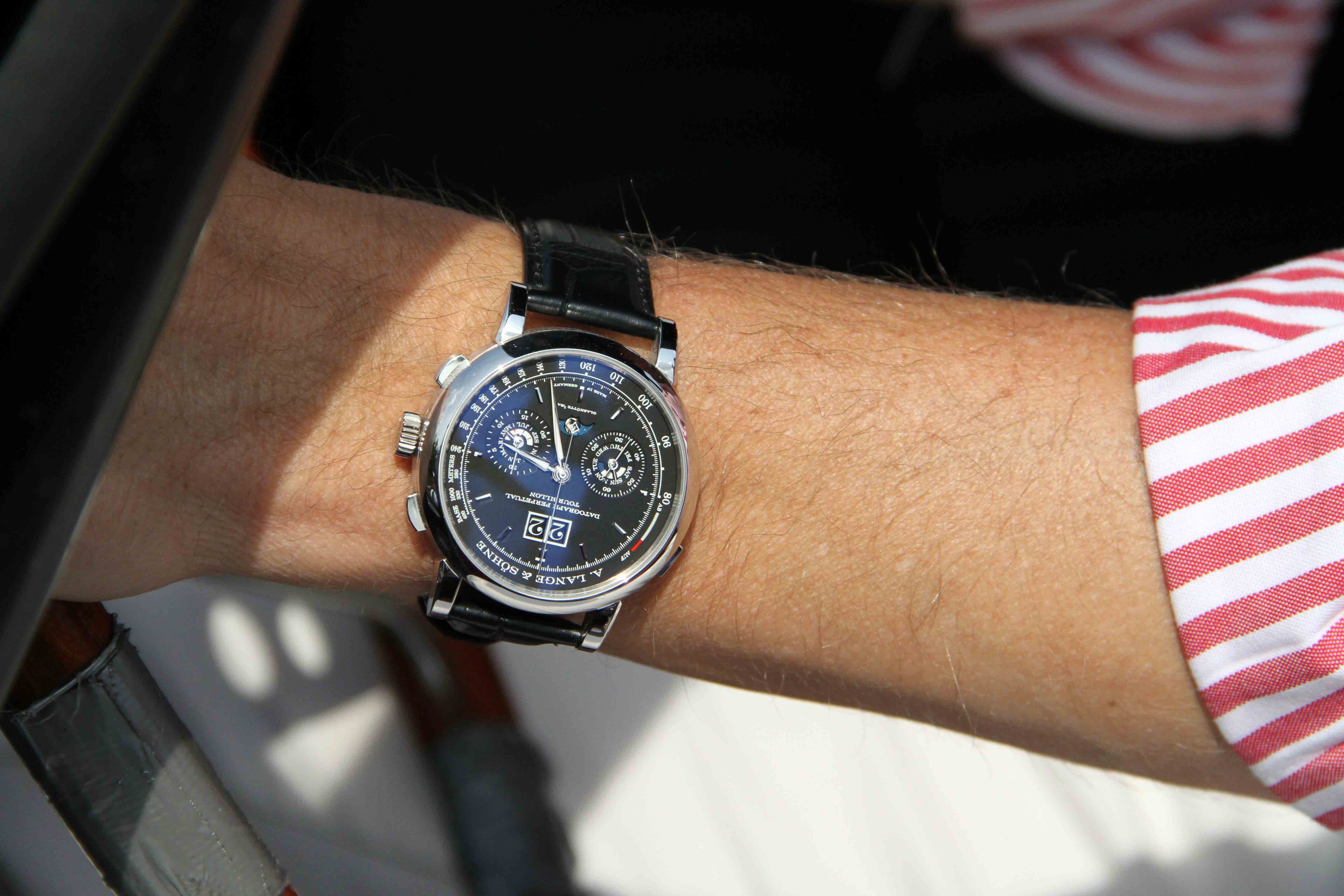 A prototype of the Datograph Perpetual Tourbillon, on the wrist of A. Lange & Söhne CEO Wilhelm Schmid. 