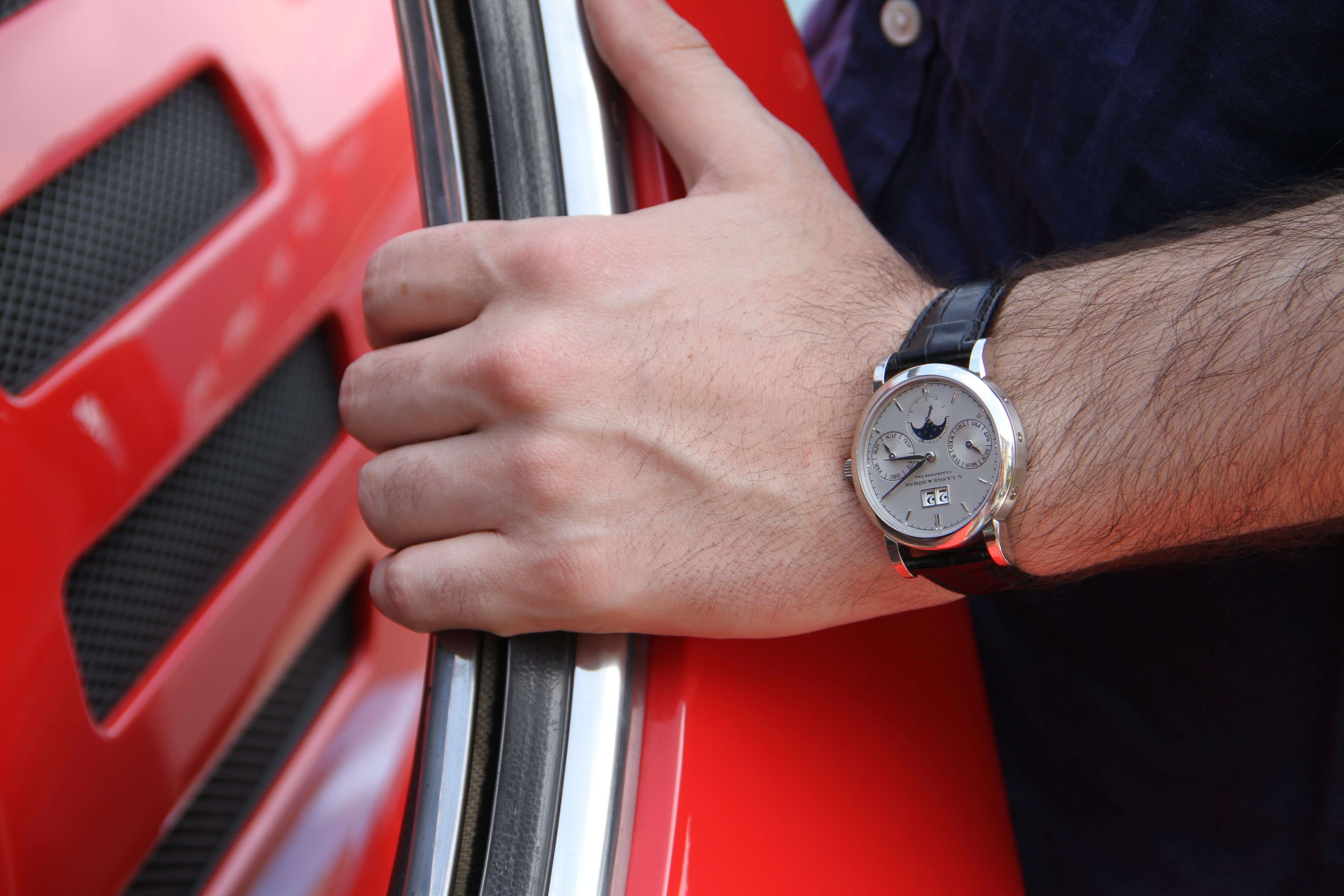 On my wrist, the A. Lange & Söhne Saxonia Annual Calendar in platinum.