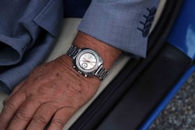 The Longines Nonius reference 8271 on the wrist of Valentino Balboni, Lamborghini's first chief test driver.
