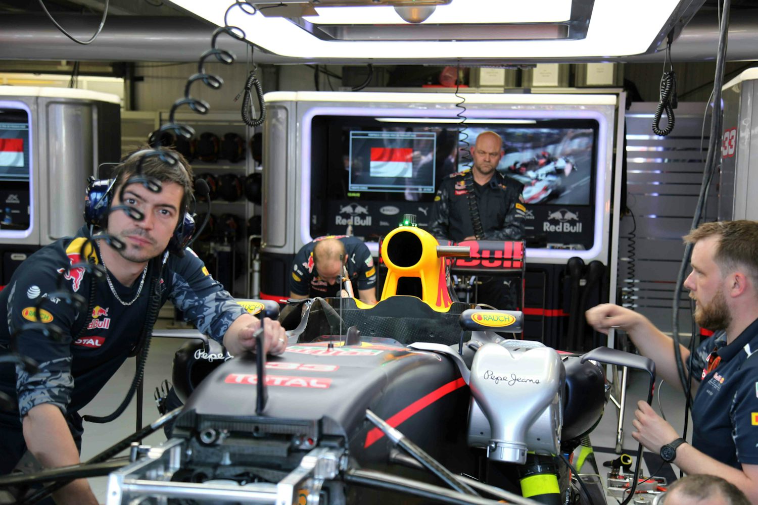 Inside the Red Bull Racing garage, probably seeing things I shouldn't. What a death stare!