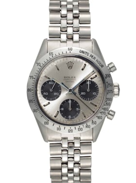 Lot 144: Rolex 6239 Floating Daytona with white dial displaying a soleil finish. 