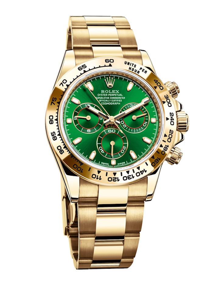 The Rolex Daytona Reference 116508 in yellow gold with green dial.