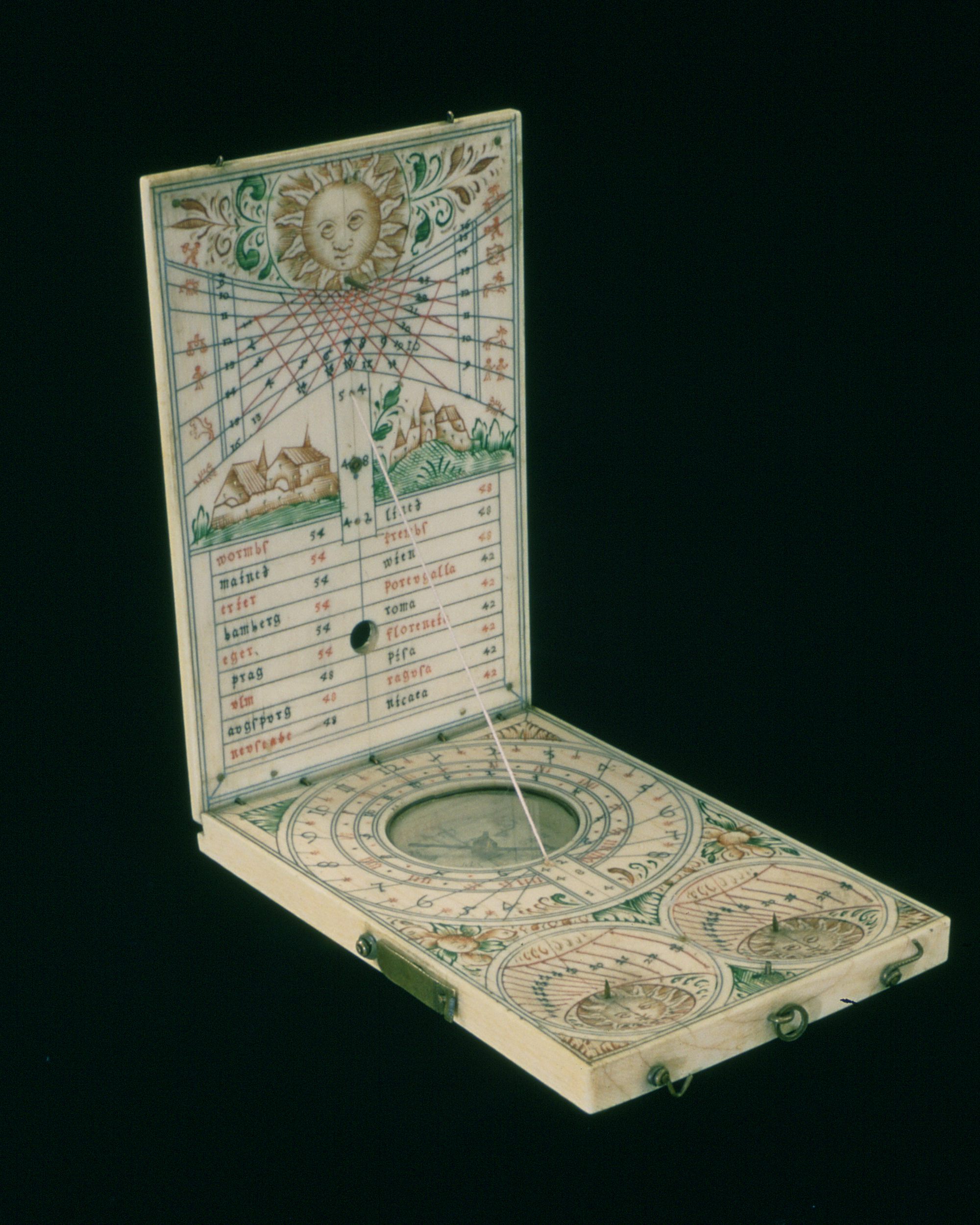 17th century Nuremberg Ivory Diptych sundial showing latitudes for different cities, Italian hours, Babylonian hours, and the number of hours of daylight and darkness (inventory no. 7899, The Collection of Historical Scientific Instruments, Harvard Univer