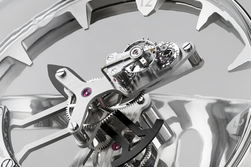 Closeup of the MB&F Octopod movement; the balance, lever and escape wheel are mounted on the upper surface of the minute hand.
