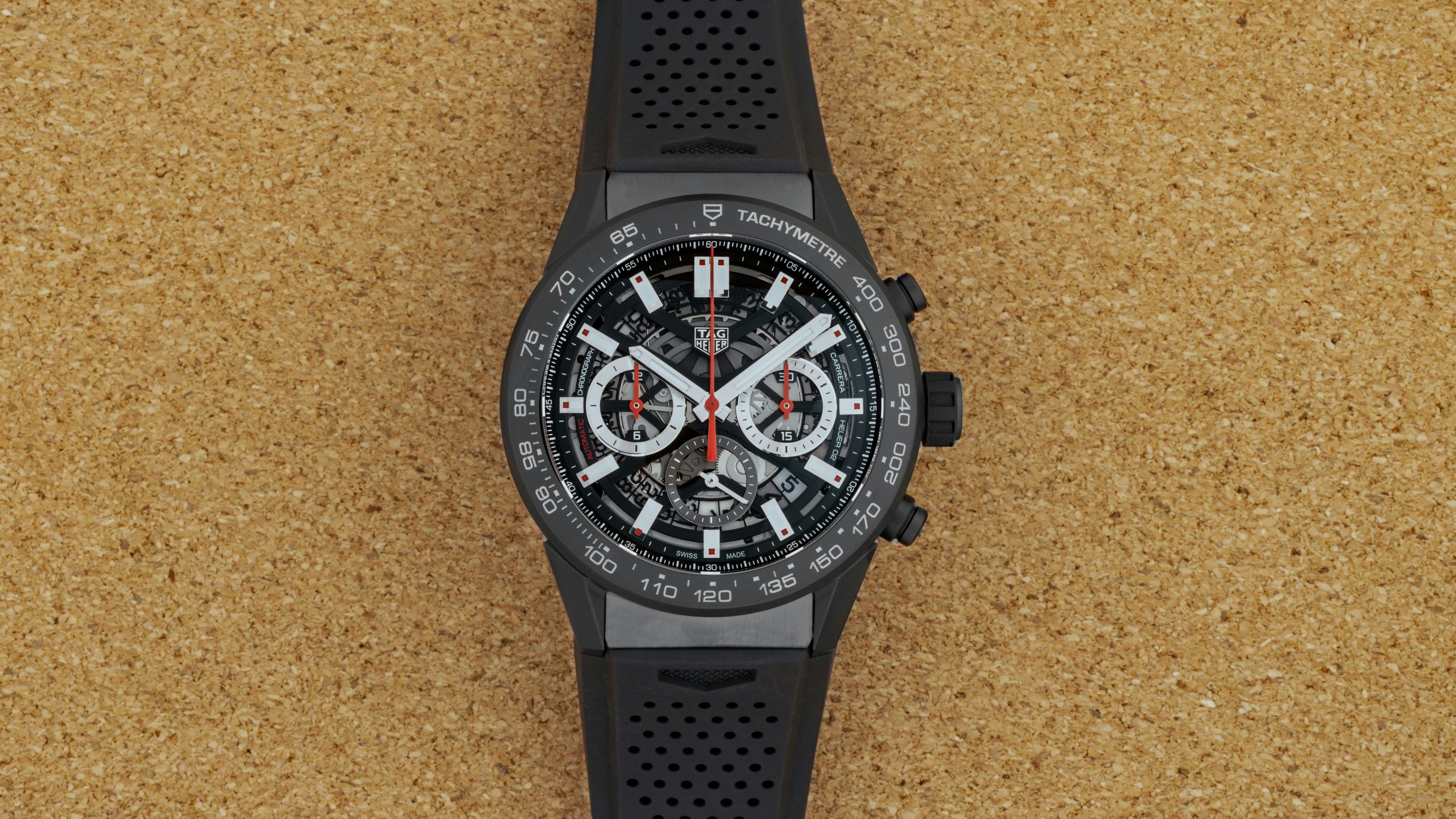 Tag Heuer Carrera Chronograph Day-Date Black Dial Rubber Strap