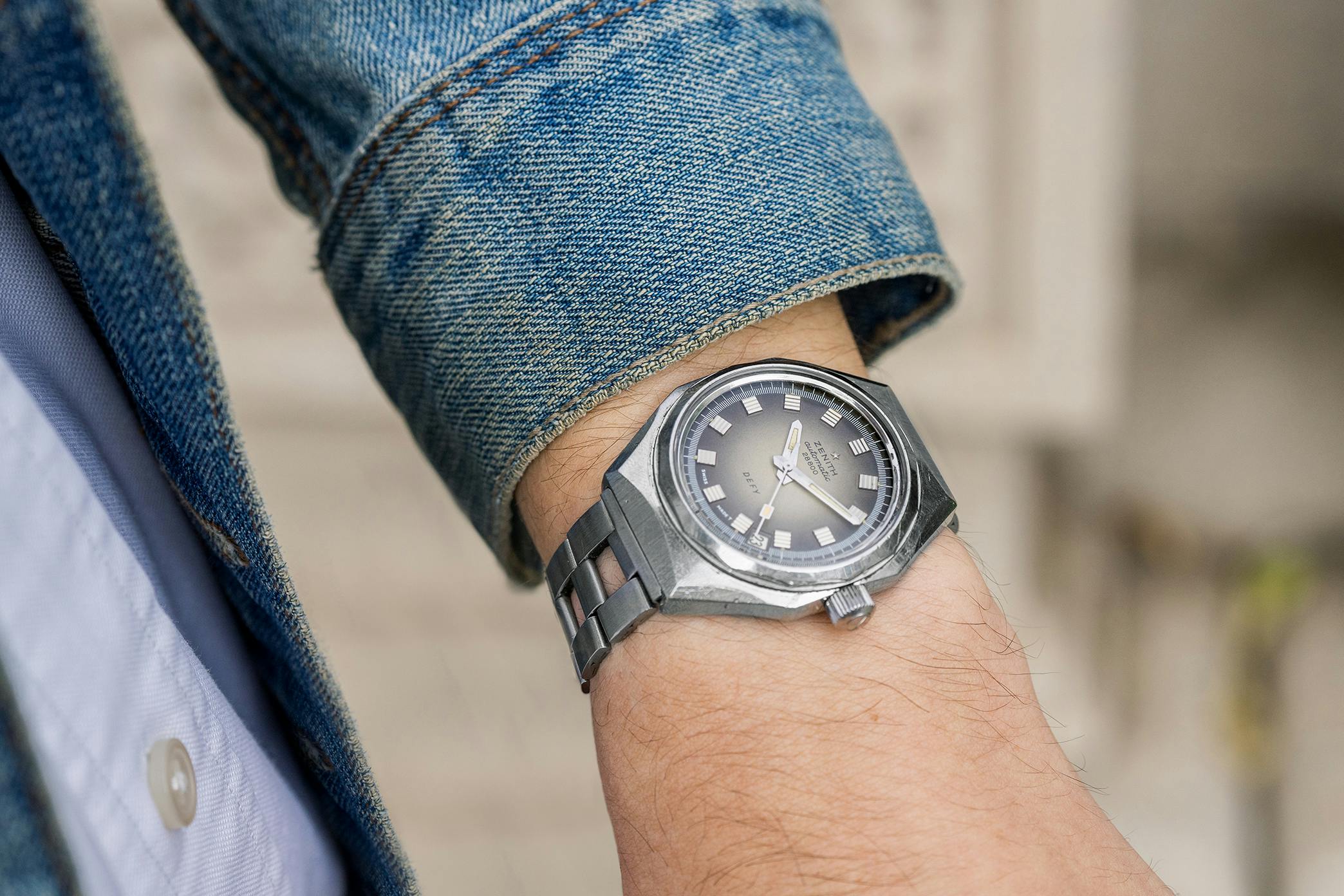 A wrist shot of a vintage Zenith Defy 