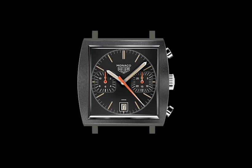 Heuer Monaco watch on black background 