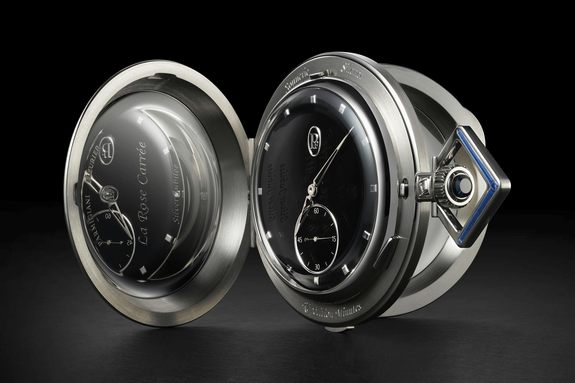 La Rose Carrée pocket watch, covers open, lying on its side
