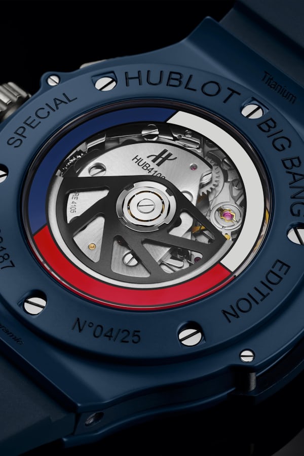A caseback image of the Hublot Big Bang Camo Texas showing the red, white, and blue rotor