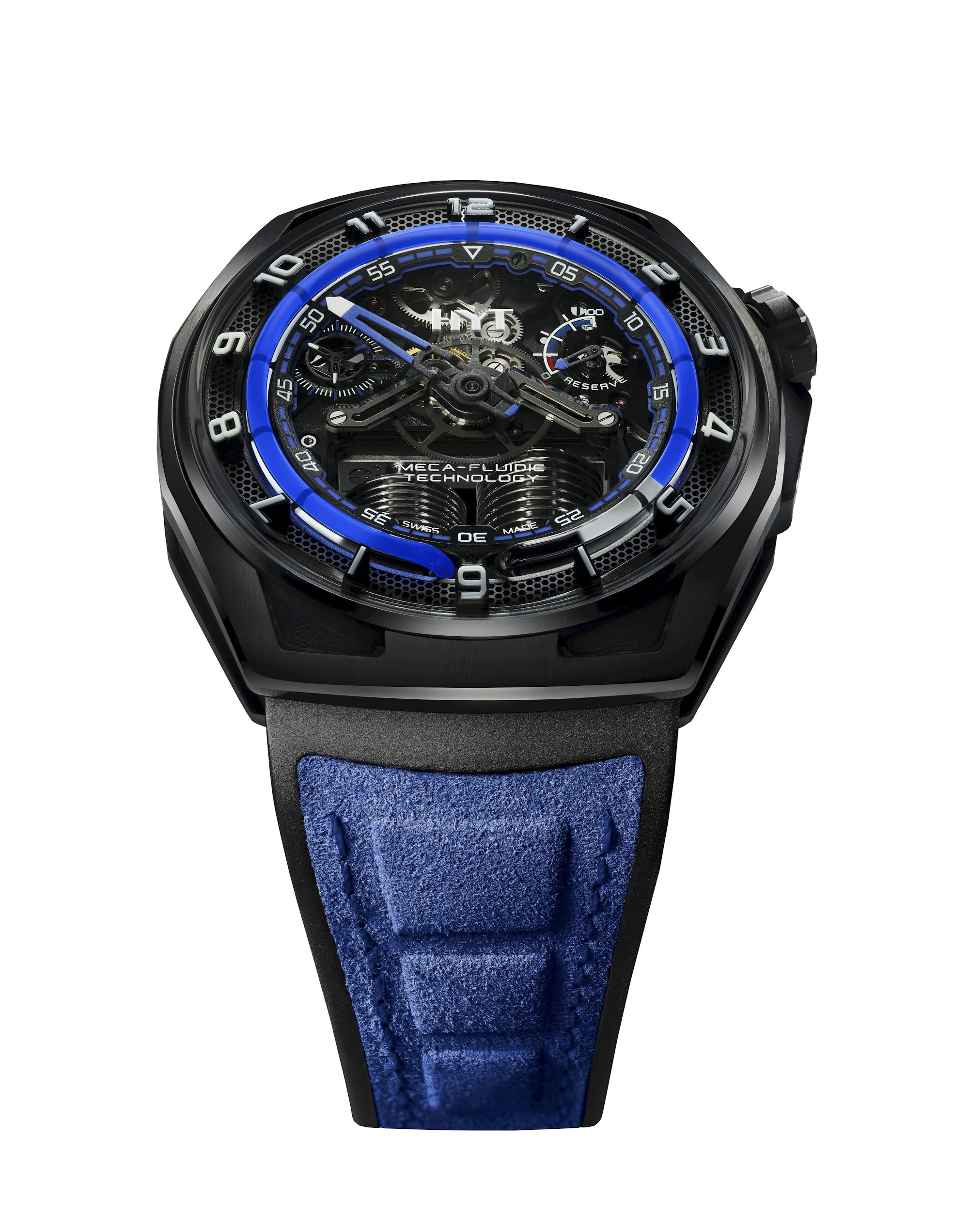 A futuristic liquid display watch in a bright blue with Alcantara and rubber strap viewed from the side.