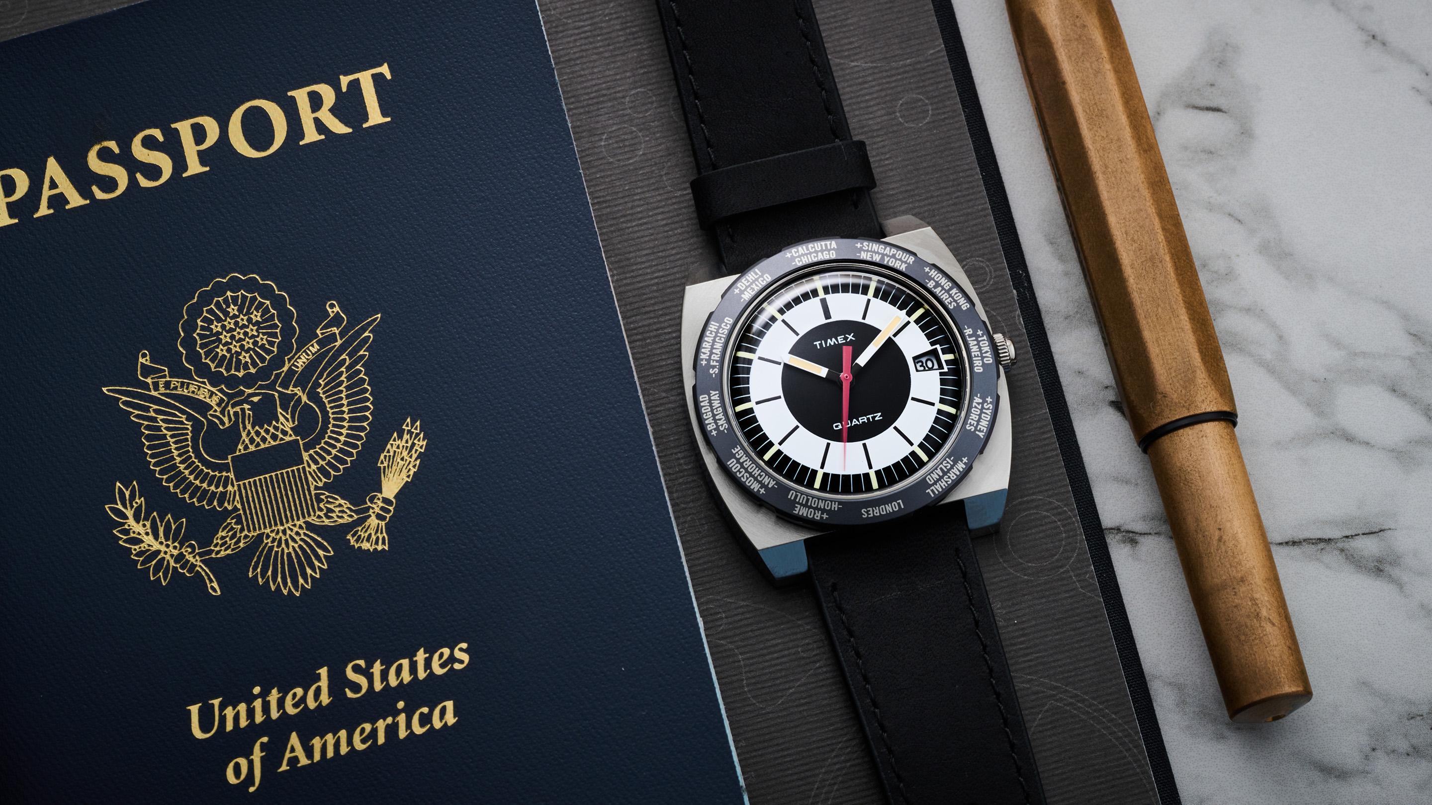 watchsteez.com – 1969 caravelle pilot world-time gmt day-date automatic  watch (steel)