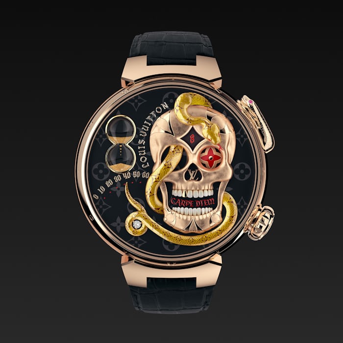 Louis Vuitton Carpe Diem minute repeater, with automaton skull and time shown on demand by the tail of a snake.