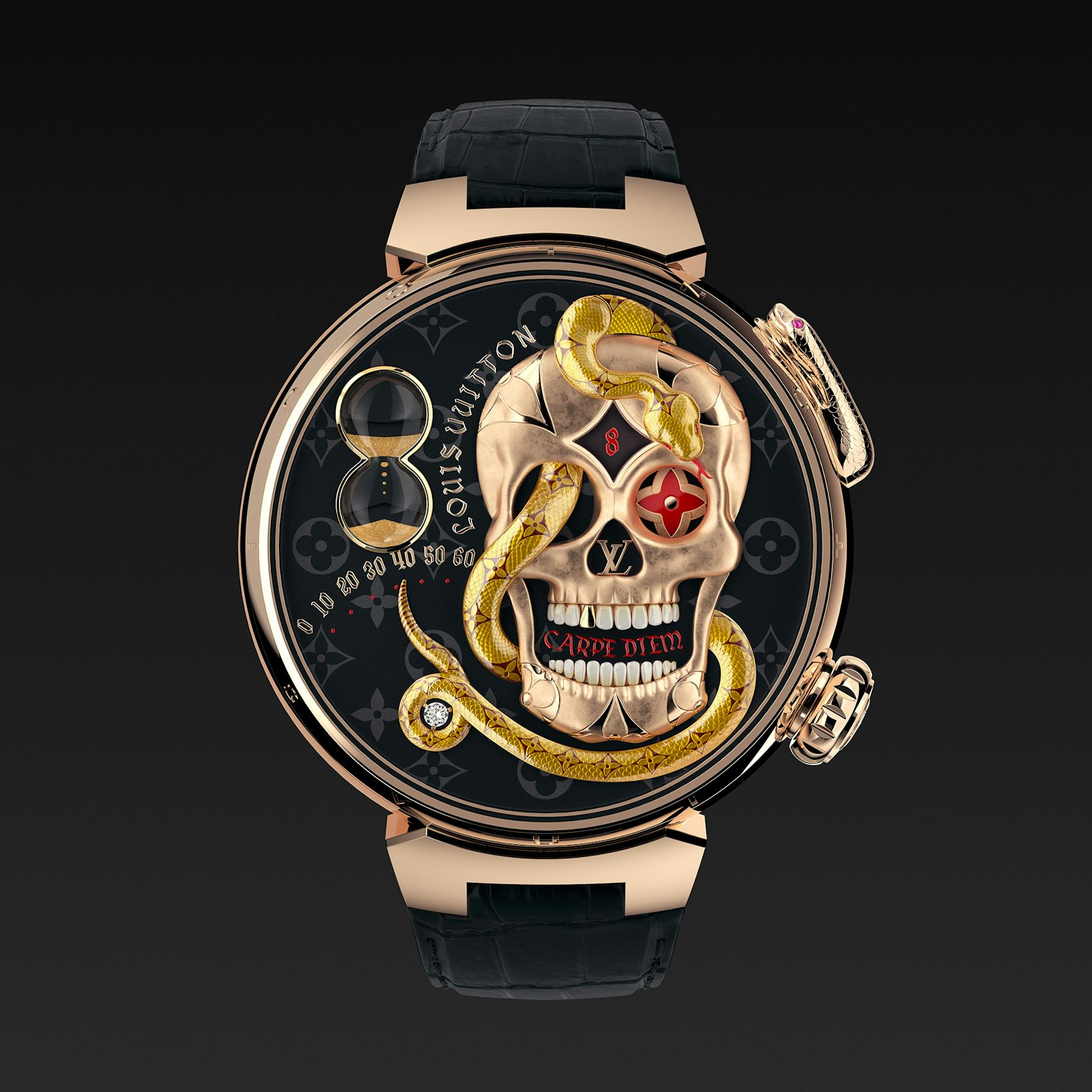 Louis Vuitton Carpe Diem minute repeater, with automaton skull and time shown on demand by the tail of a snake.