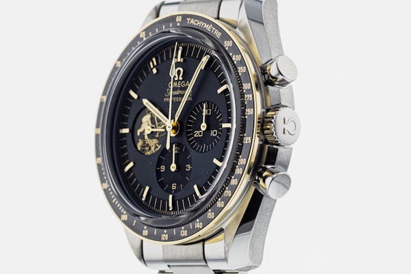 Three quarter soldier shot of the OMEGA Speedmaster Moonwatch Anniversary Limited Series Apollo II 50th Anniversary Limited Edition