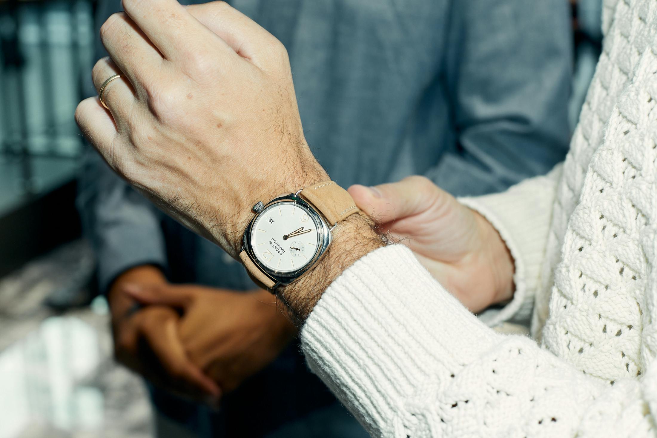 Ben Clymer trying on Panerai watch 