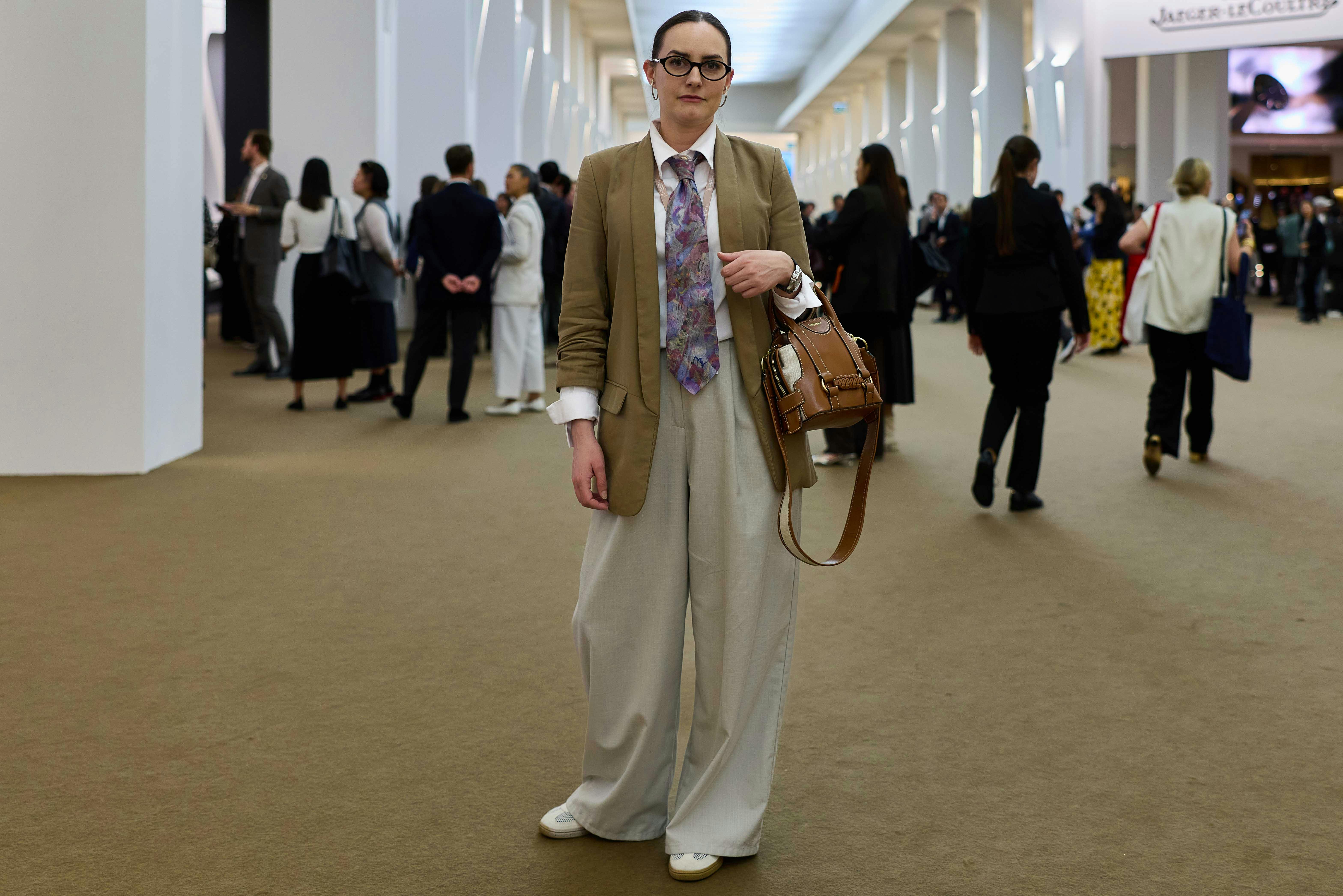 Georgia Liakou (@georgia.liakou_) with a wide tie and trousers to match