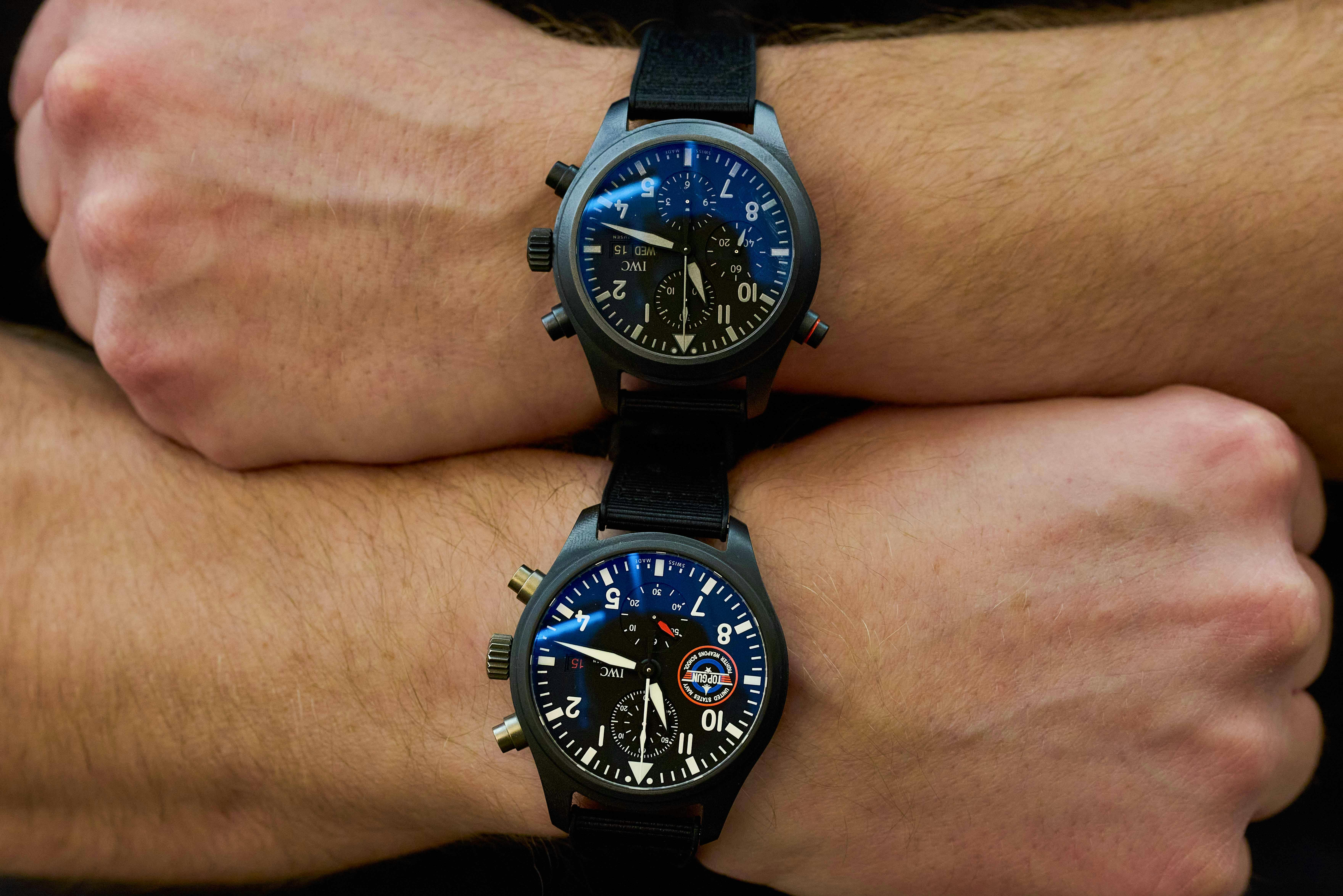 Watch collector Patrick Stachel (@Patrickthesting) double-wristing a IWC 389001 Top Gun - currently a one of one for the civilian market - alongside a IWC Pilot's Double Chronograph Top Gun in Ceratanium