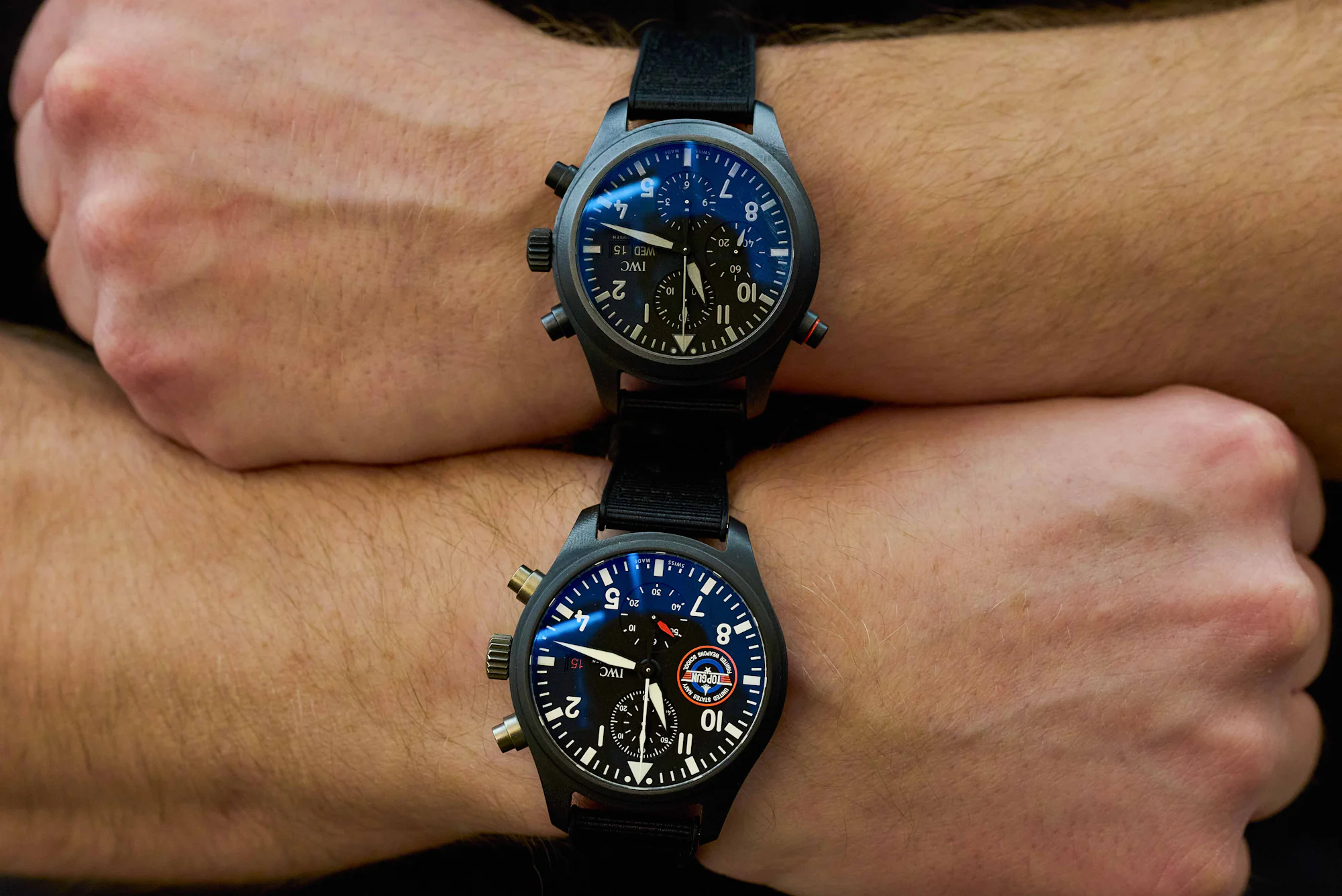 Watch collector Patrick Stachel (@Patrickthesting) double-wristing a IWC 389001 Top Gun - currently a one of one for the civilian market - alongside a IWC Pilot's Double Chronograph Top Gun in Ceratanium