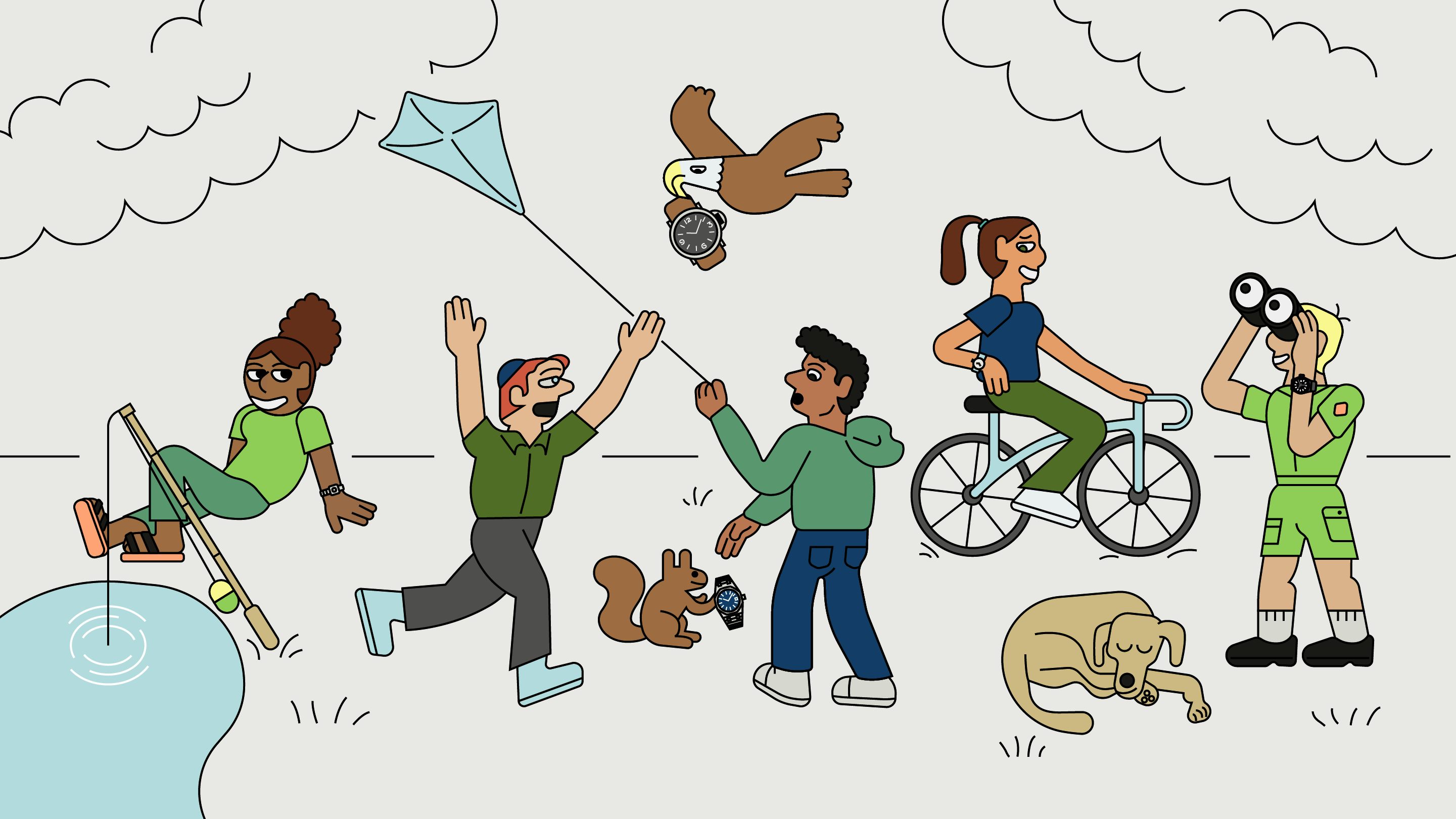 illustration of people and a dog having fun outside 