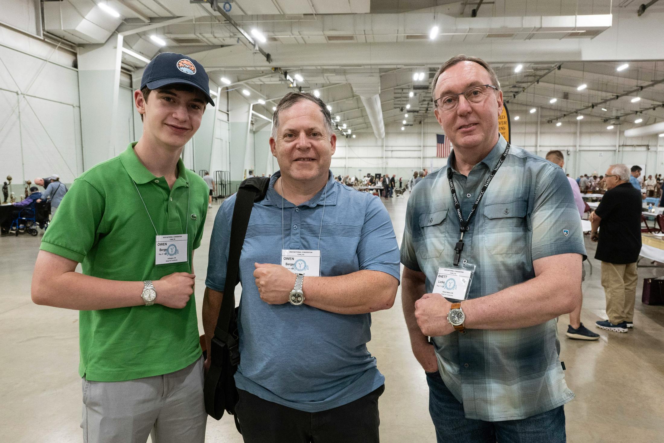 Owen and Alex Berger with former NAWCC board chair Rhett Lucke showing off vintage Rolex, Heuer and Breitling watches.