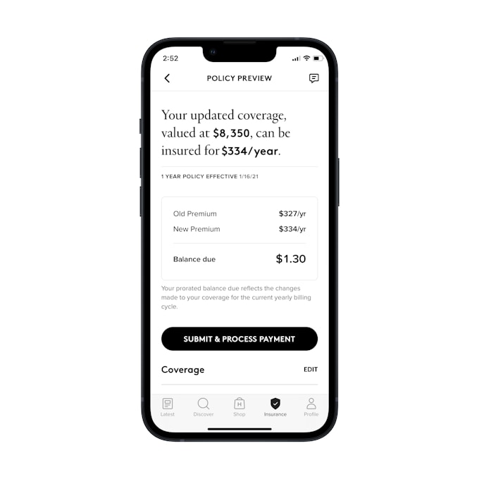A mock-up of a smartphone with the HODINKEE app open to the Insurance tab showing "Balance Due."