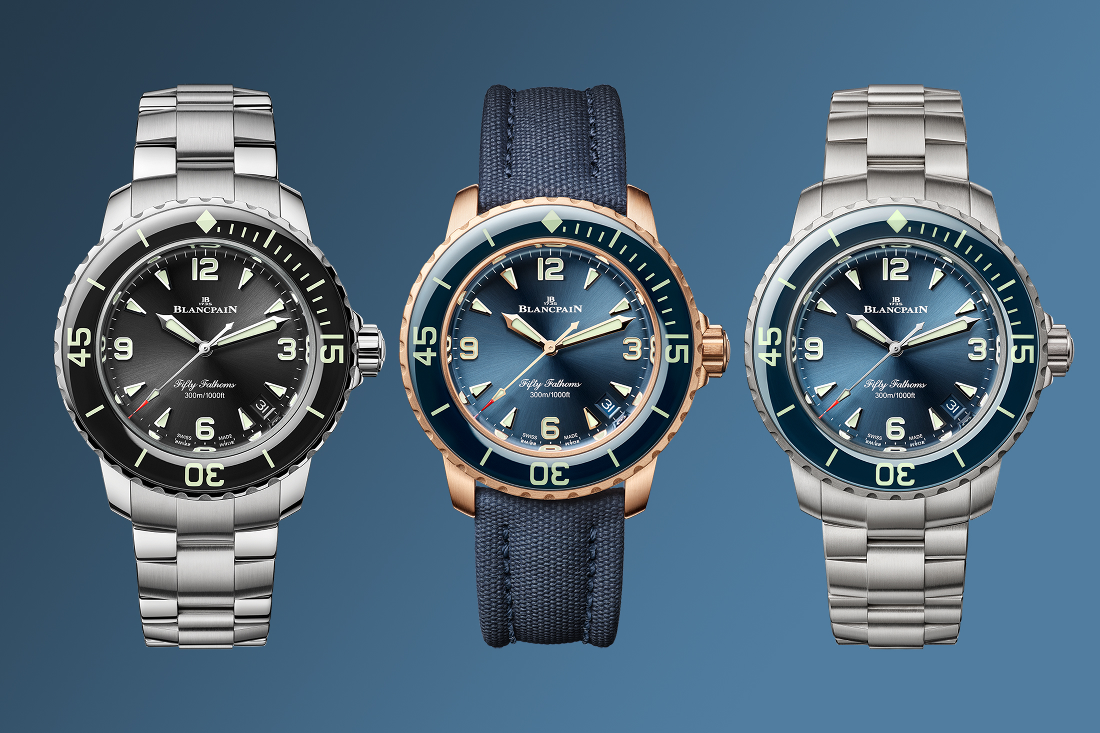 three Blancpain fifty fathoms in 38mm, steel, gold, and titanum