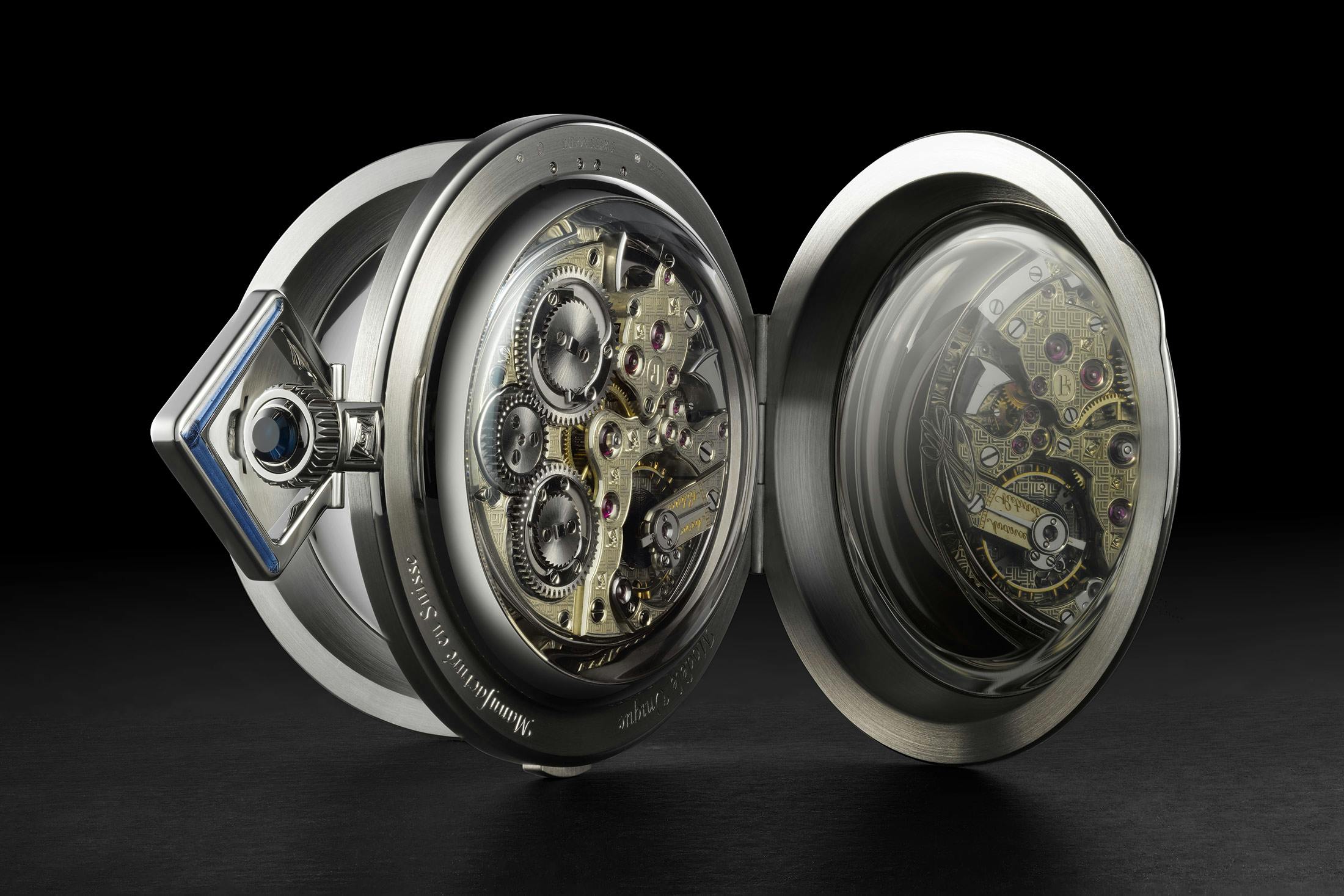 La Rose Carrée pocket watch, covers open, showing movement